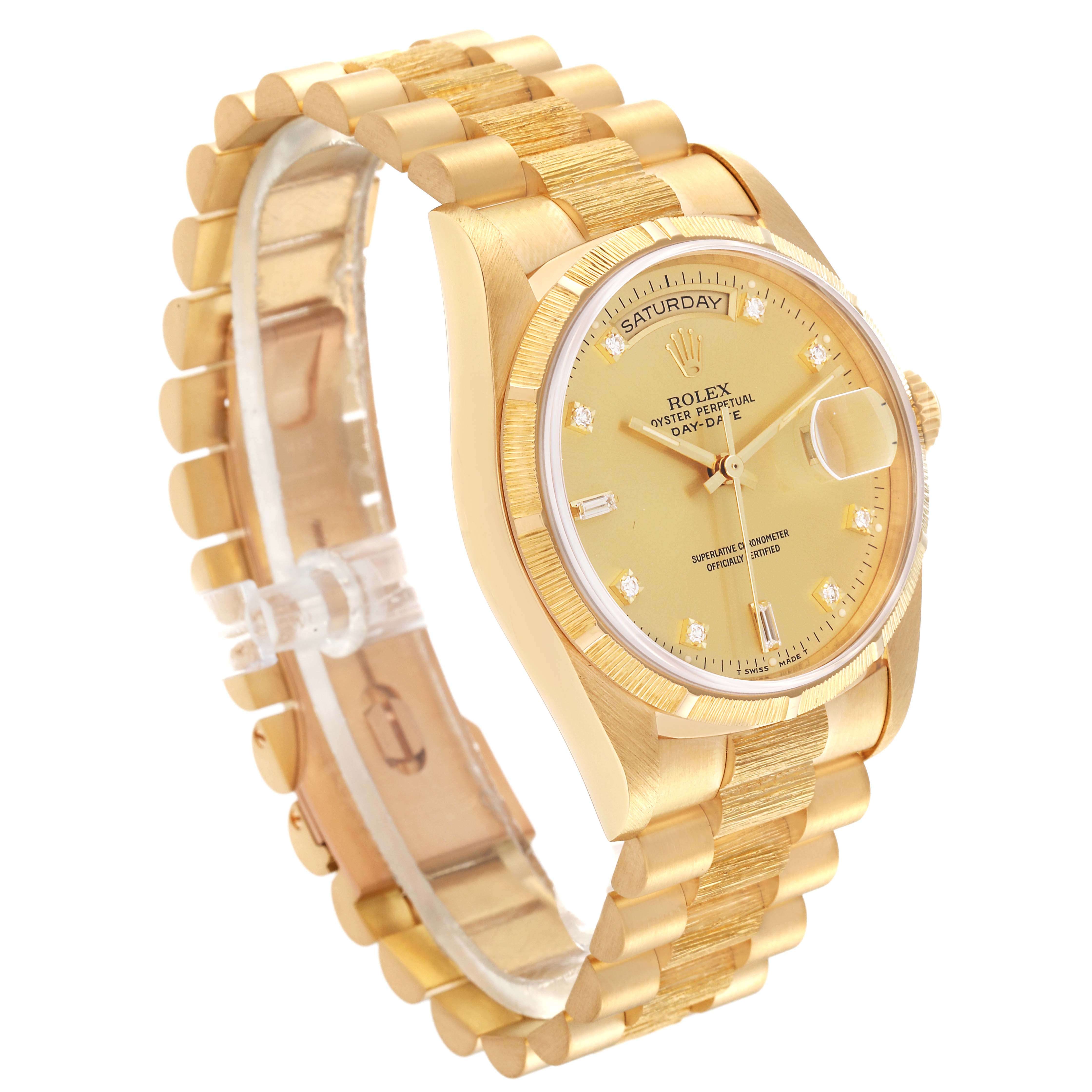 This image shows a Rolex President 18248 Men
s Yellow Gold Champagne Dial 18248 Men
s Yellow Gold Champagne Dial model watch at an oblique angle, highlighting its gold case, bracelet, and detailed face.