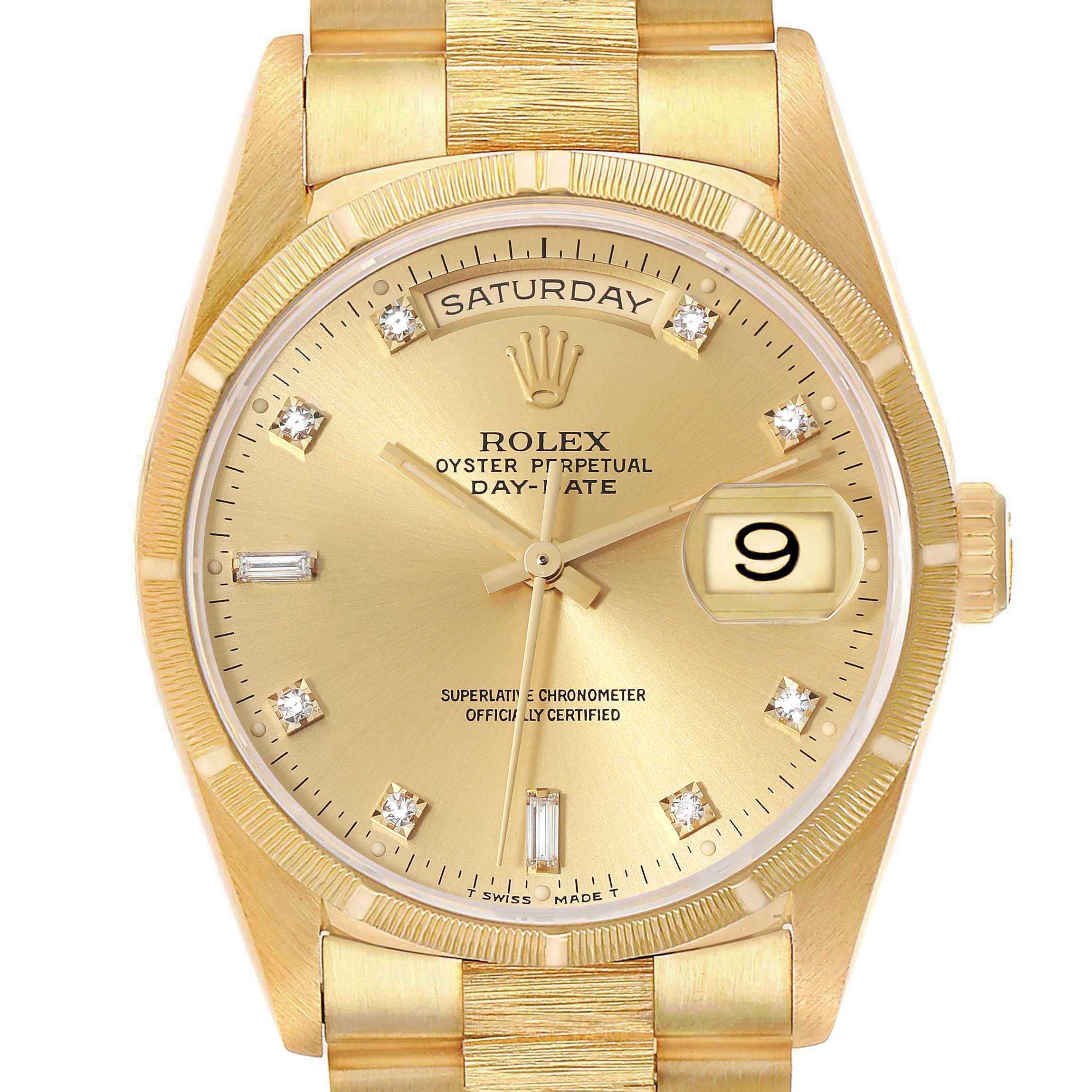 This is a close-up shot of the Rolex President 18248 Men
s Yellow Gold Champagne Dial 18248 Men
s Yellow Gold Champagne Dial model, showing its gold dial, day-date display, and diamond hour markers.