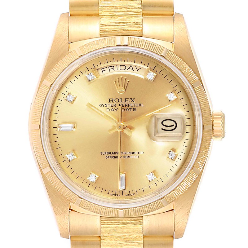 Rolex President Day-Date Yellow Gold Bark Finish Diamond Mens Watch 18078  SwissWatchExpo