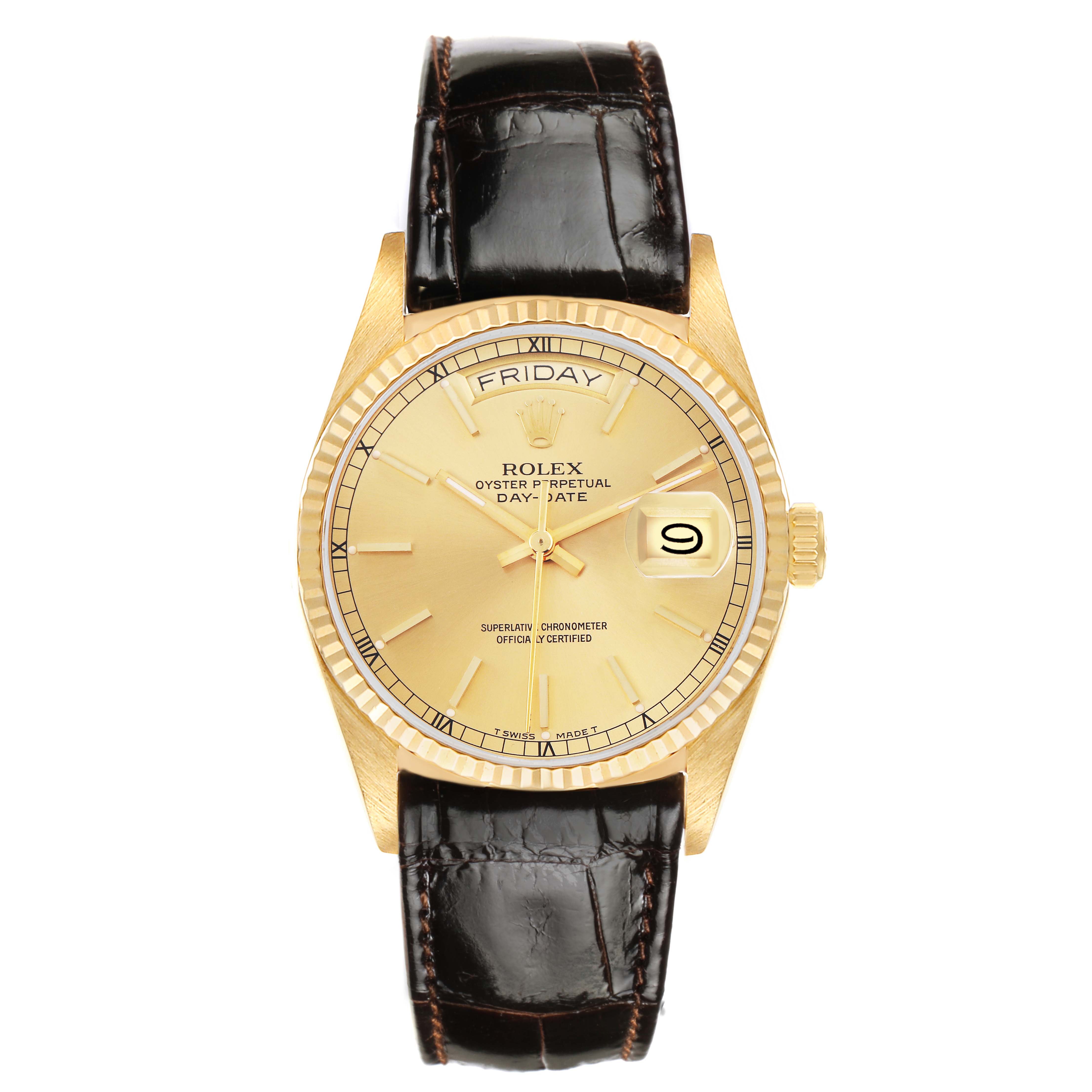 The Rolex President 18038 Men
s Yellow Gold Champagne Dial 18038 Men
s Yellow Gold Champagne Dial model is shown from the front, featuring a gold dial, day and date displays, and a leather strap.