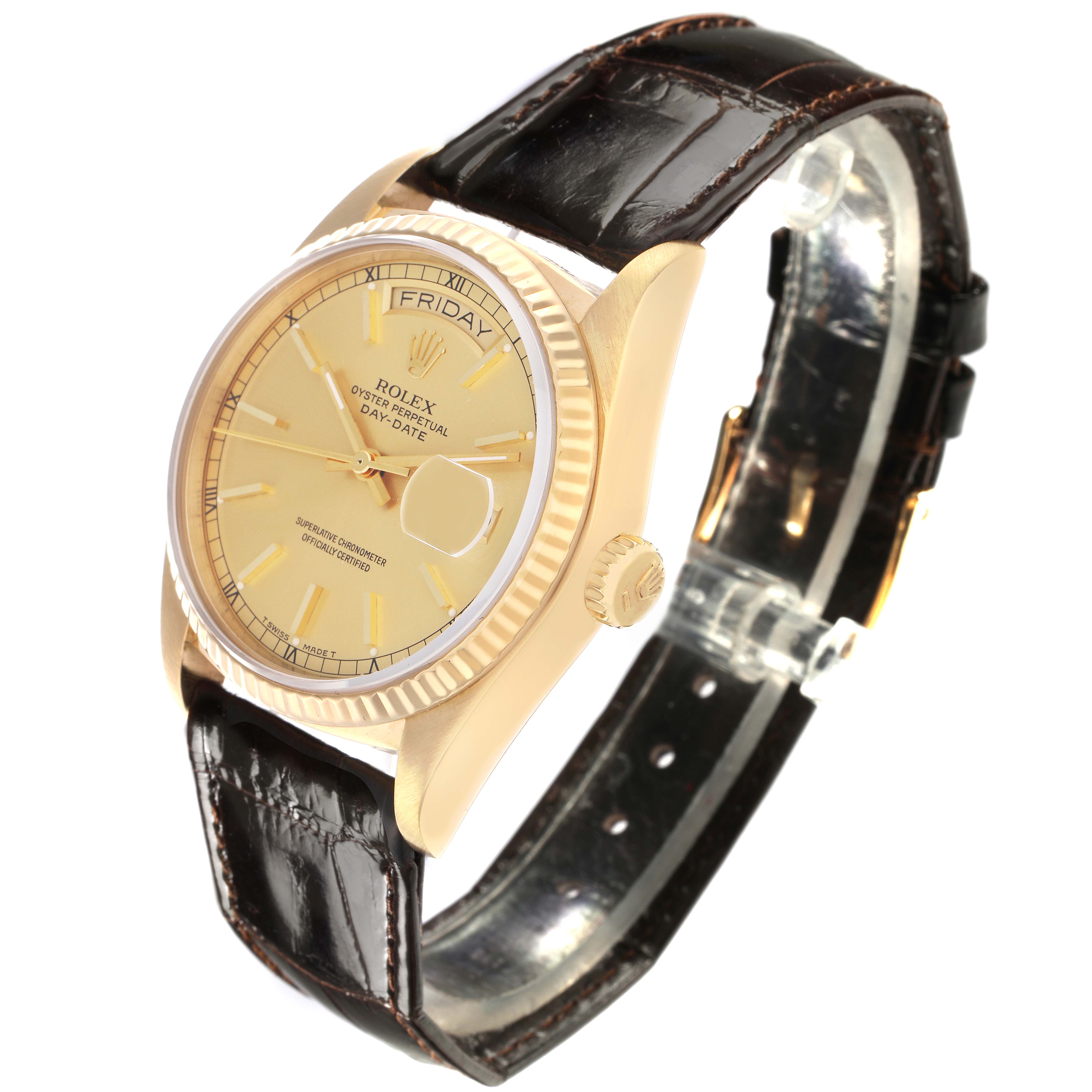 The Rolex President 18038 Men
s Yellow Gold Champagne Dial 18038 Men
s Yellow Gold Champagne Dial model is shown at an angle highlighting the dial, bezel, case, crown, and brown leather strap.