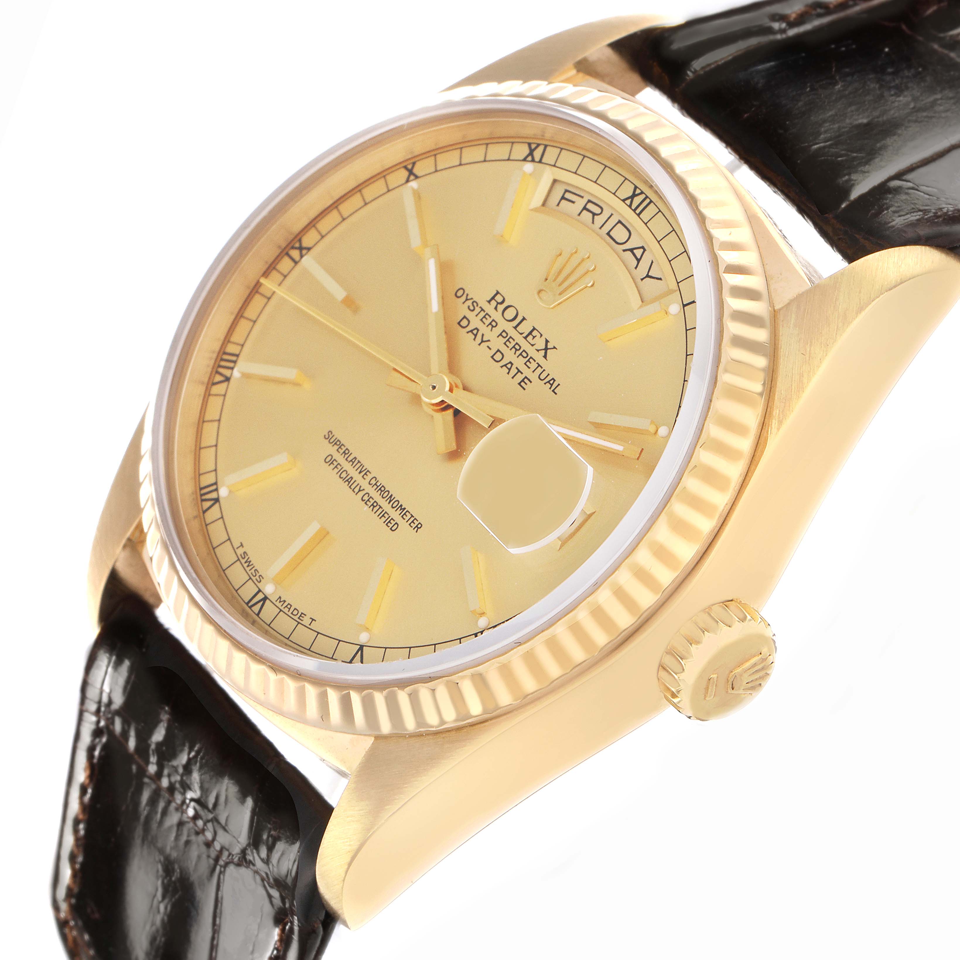 The Rolex President 18038 Men
s Yellow Gold Champagne Dial 18038 Men
s Yellow Gold Champagne Dial model watch is shown from an angled side view, highlighting the dial, bezel, crown, and leather strap.