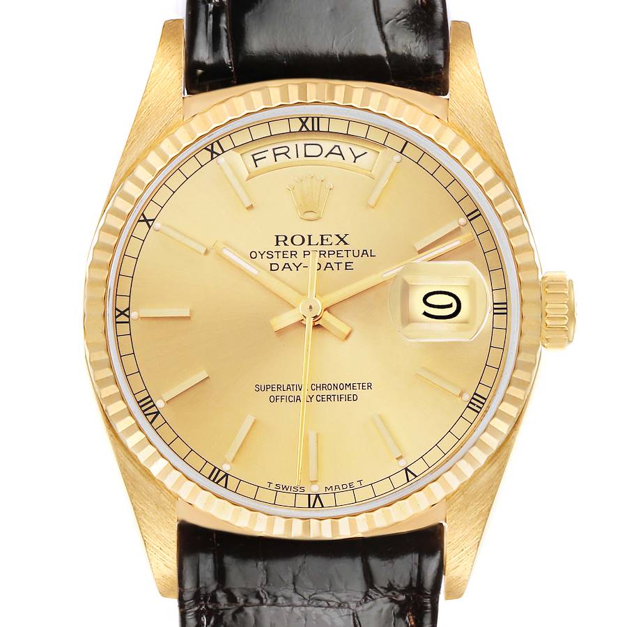 The Rolex President model watch is shown head-on, displaying the dial, bezel, crown, and part of the leather strap.