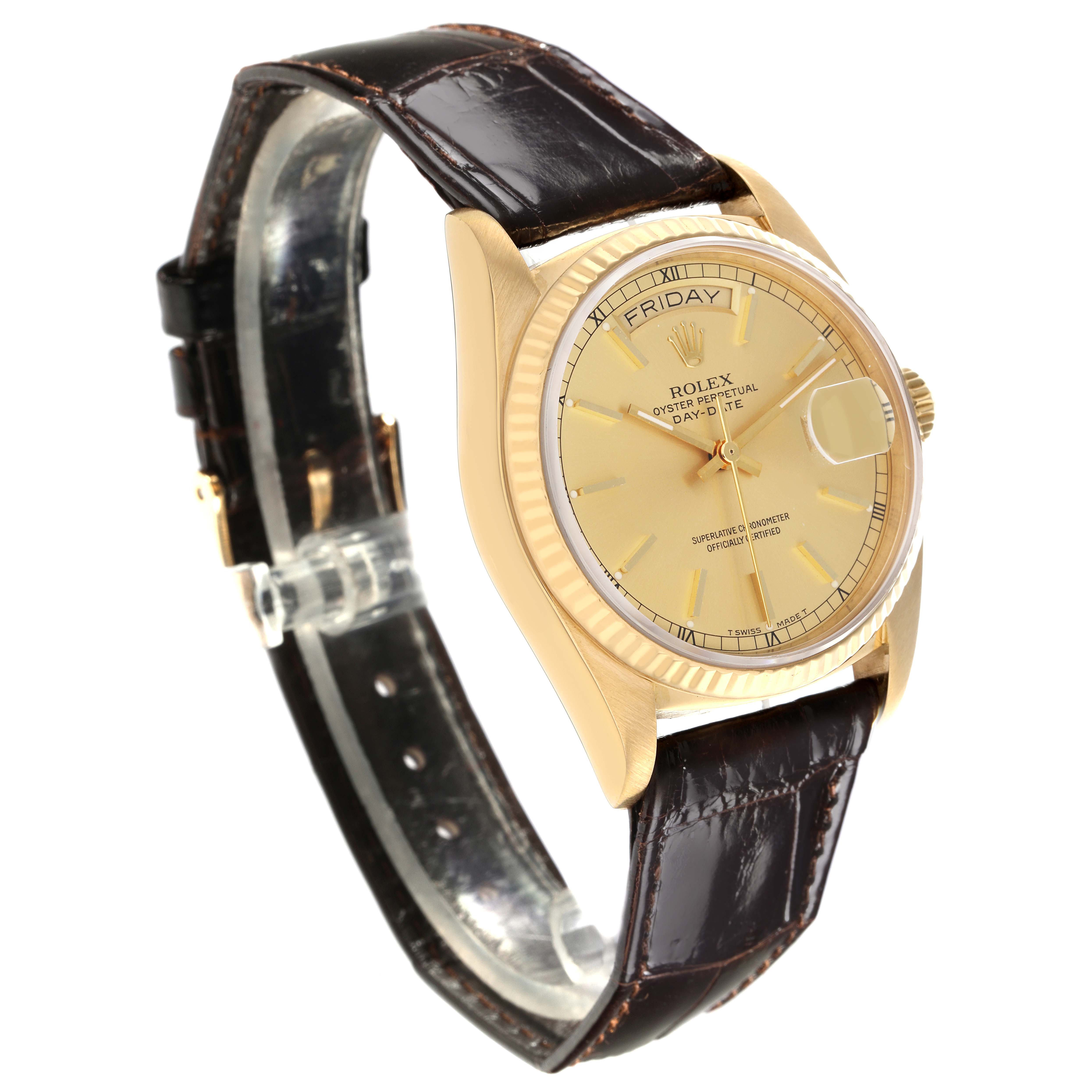 The Rolex President 18038 Men
s Yellow Gold Champagne Dial 18038 Men
s Yellow Gold Champagne Dial model is shown at a three-quarter angle, displaying the face, bezel, and leather strap.