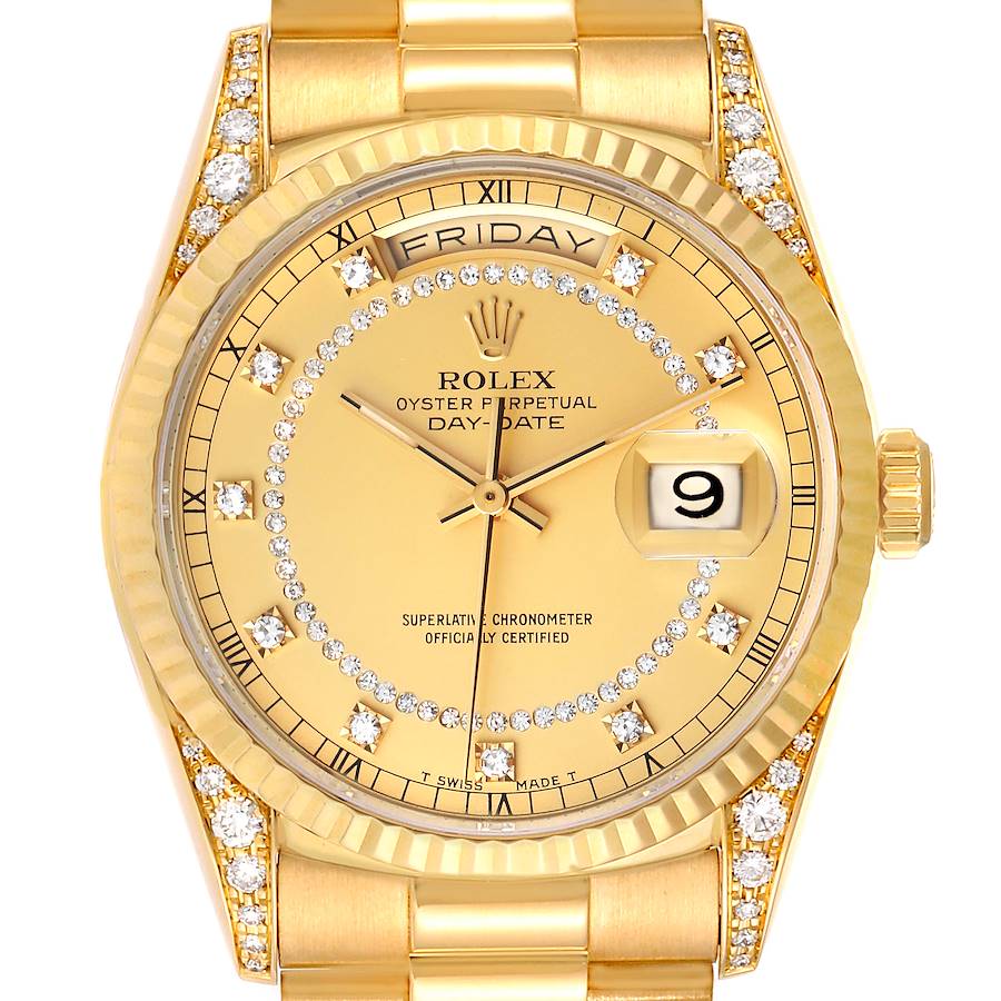 Rolex President Day Date Yellow Gold Diamond Lugs Mens Watch 18338 SwissWatchExpo