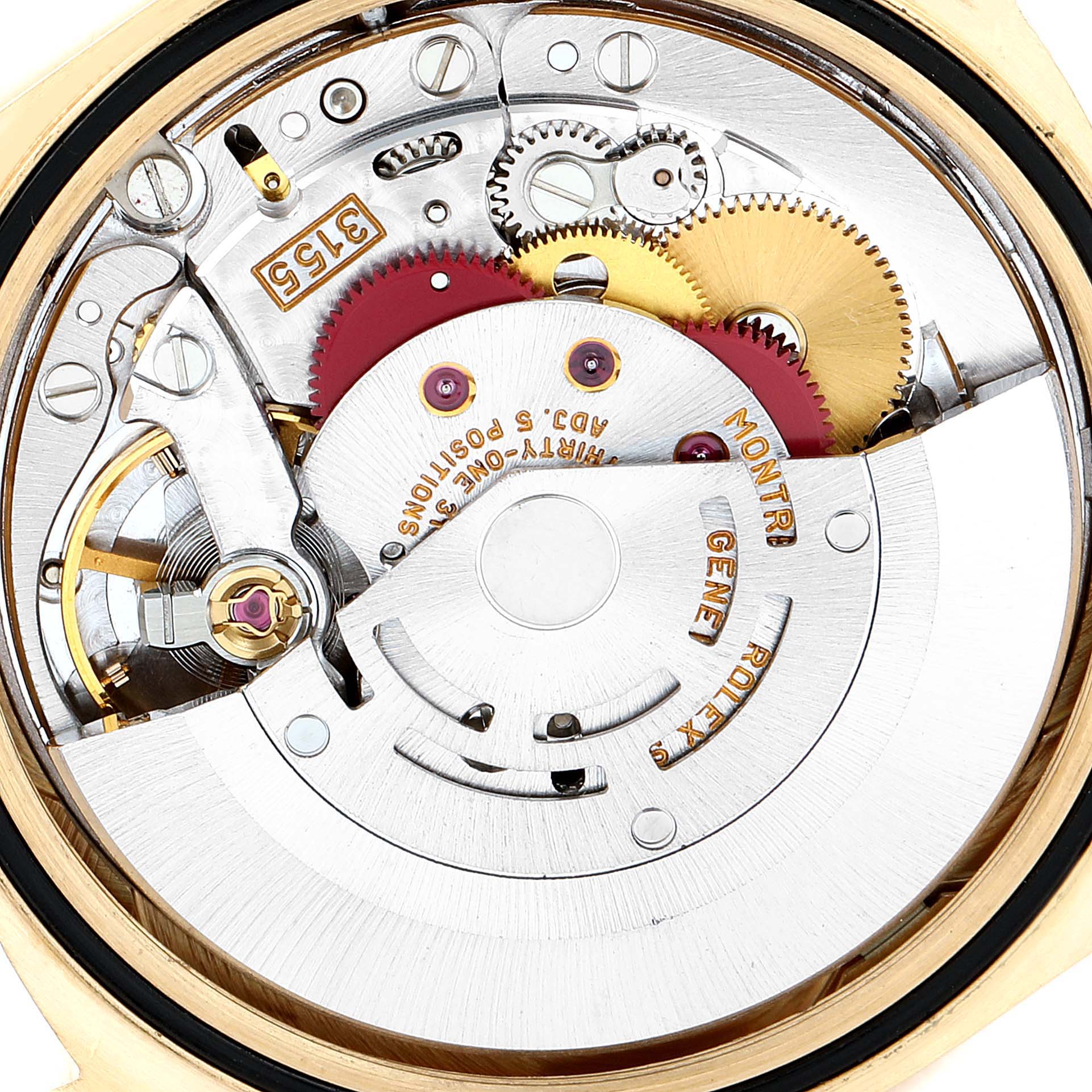 This image shows the intricate internal mechanics of a Rolex President 18338 Men
s Yellow Gold Champagne Dial 18338 Men
s Yellow Gold Champagne Dial model watch, focusing on the movement assembly and gears.