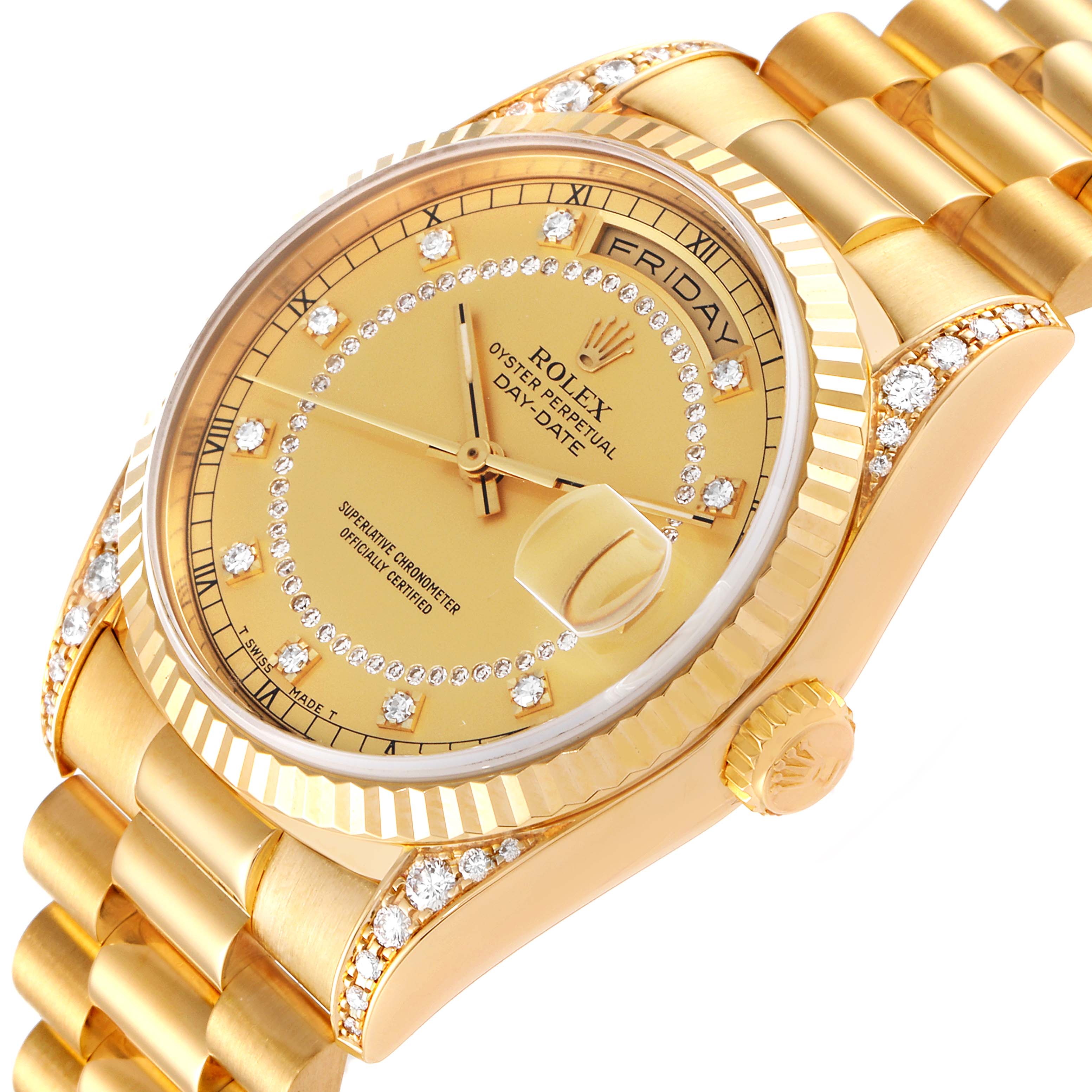 This image shows a President model Rolex watch at a slight angle, highlighting its gold finish, diamond accents, and day-date display.
