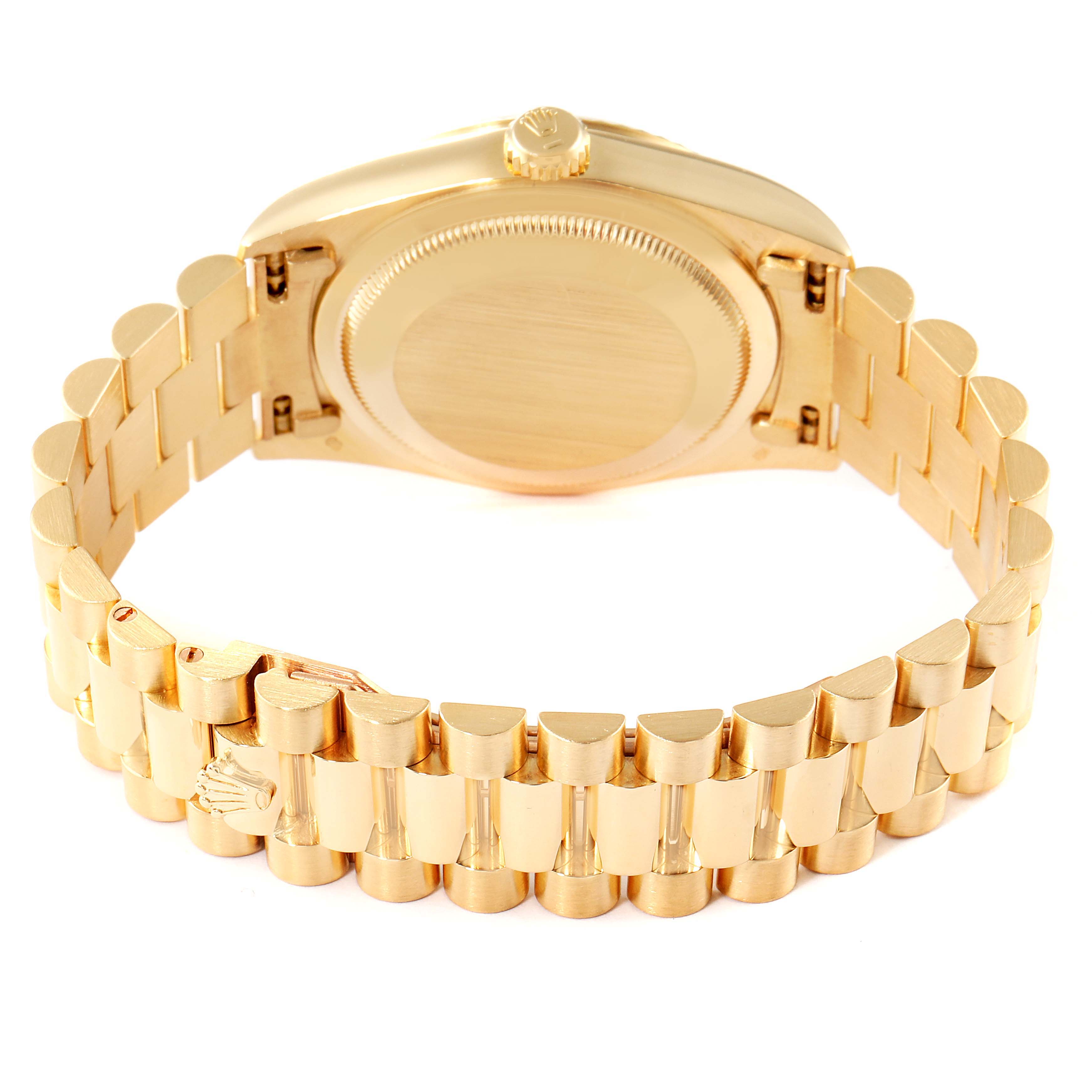 This image shows the back and bracelet of a Rolex President 18338 Men
s Yellow Gold Champagne Dial 18338 Men
s Yellow Gold Champagne Dial model watch.