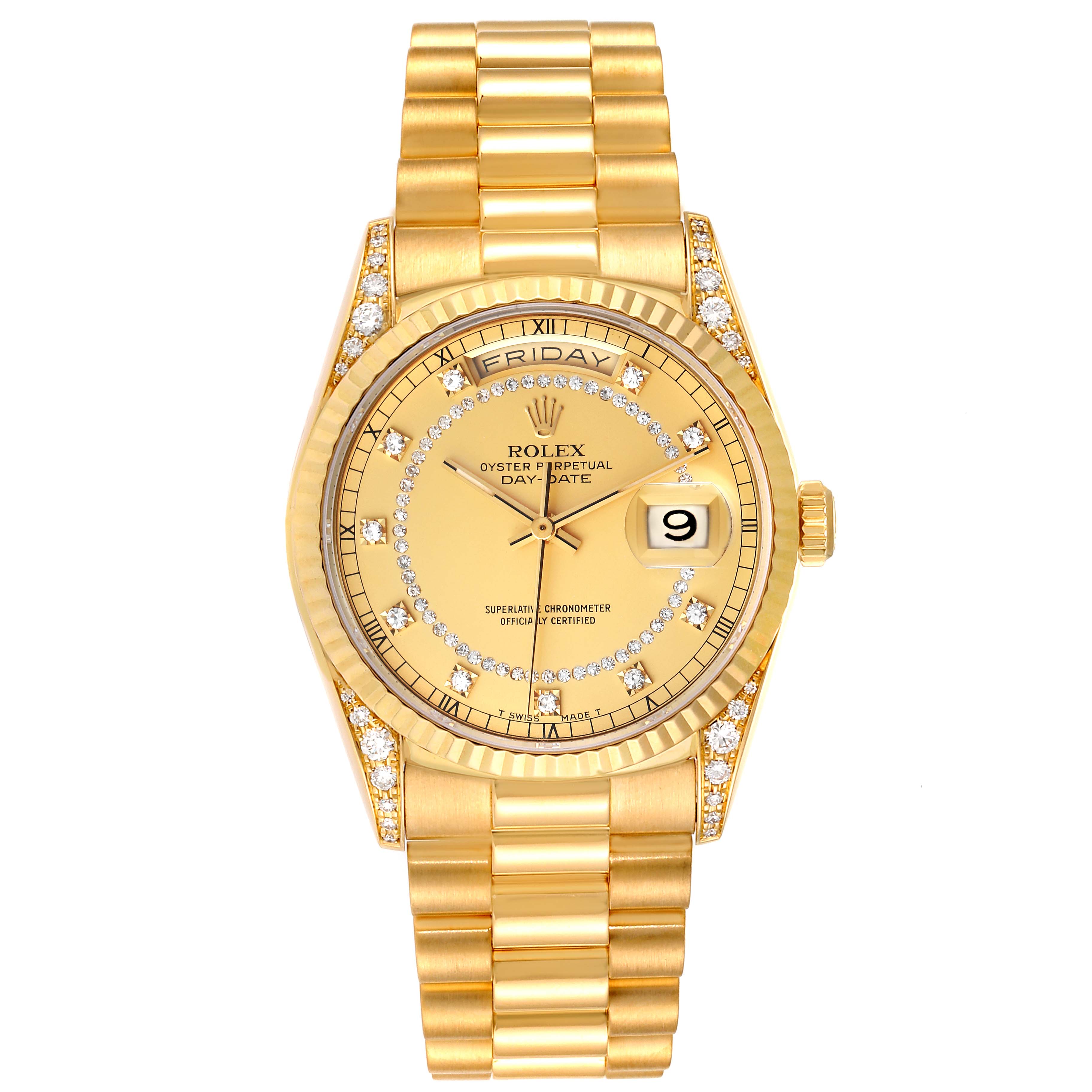 The image shows a frontal view of a Rolex President 18338 Men
s Yellow Gold Champagne Dial 18338 Men
s Yellow Gold Champagne Dial model watch with a gold band and diamond-encrusted bezel and dial.