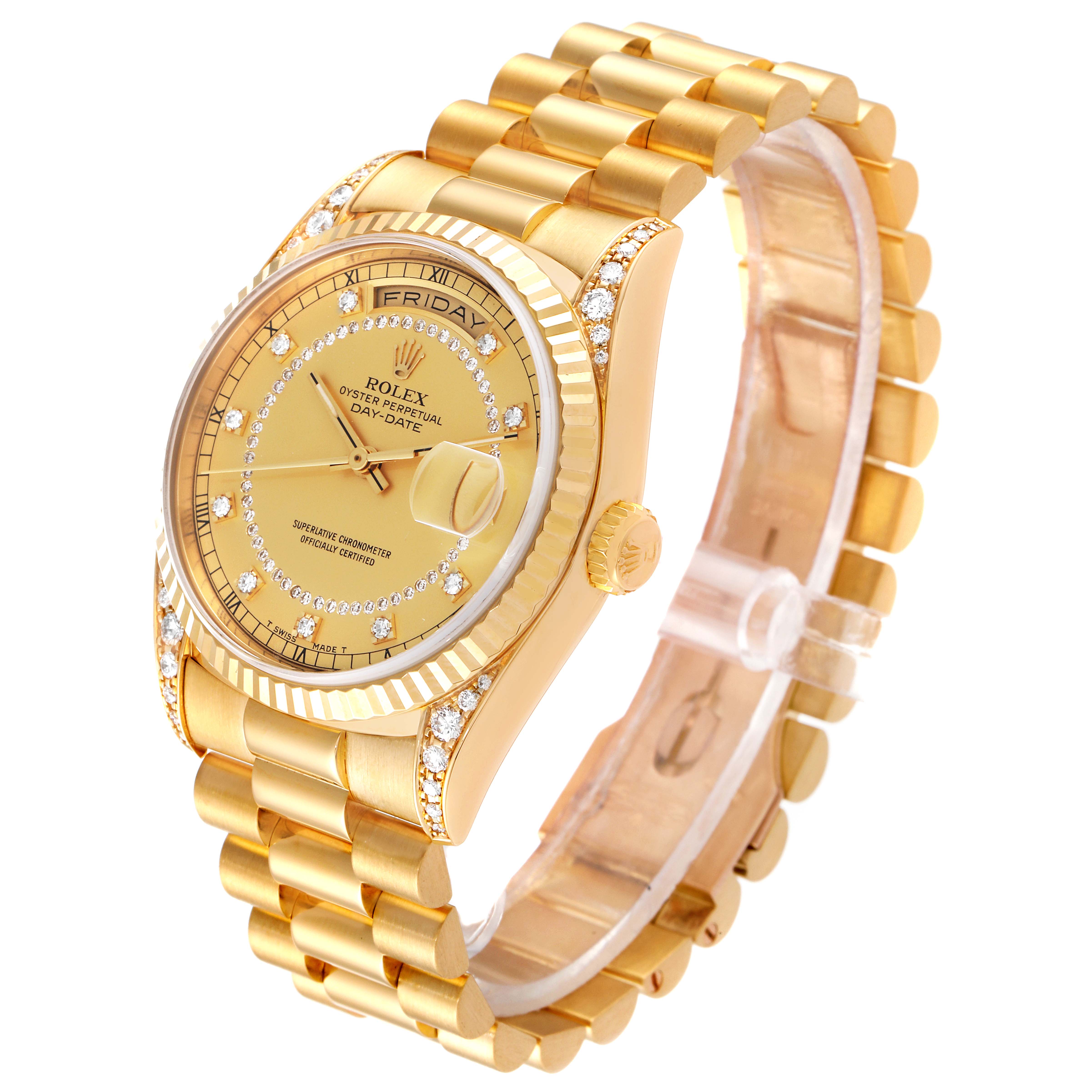 The image shows a Rolex President 18338 Men
s Yellow Gold Champagne Dial 18338 Men
s Yellow Gold Champagne Dial model watch at a three-quarter angle, highlighting the face, bracelet, and crown.