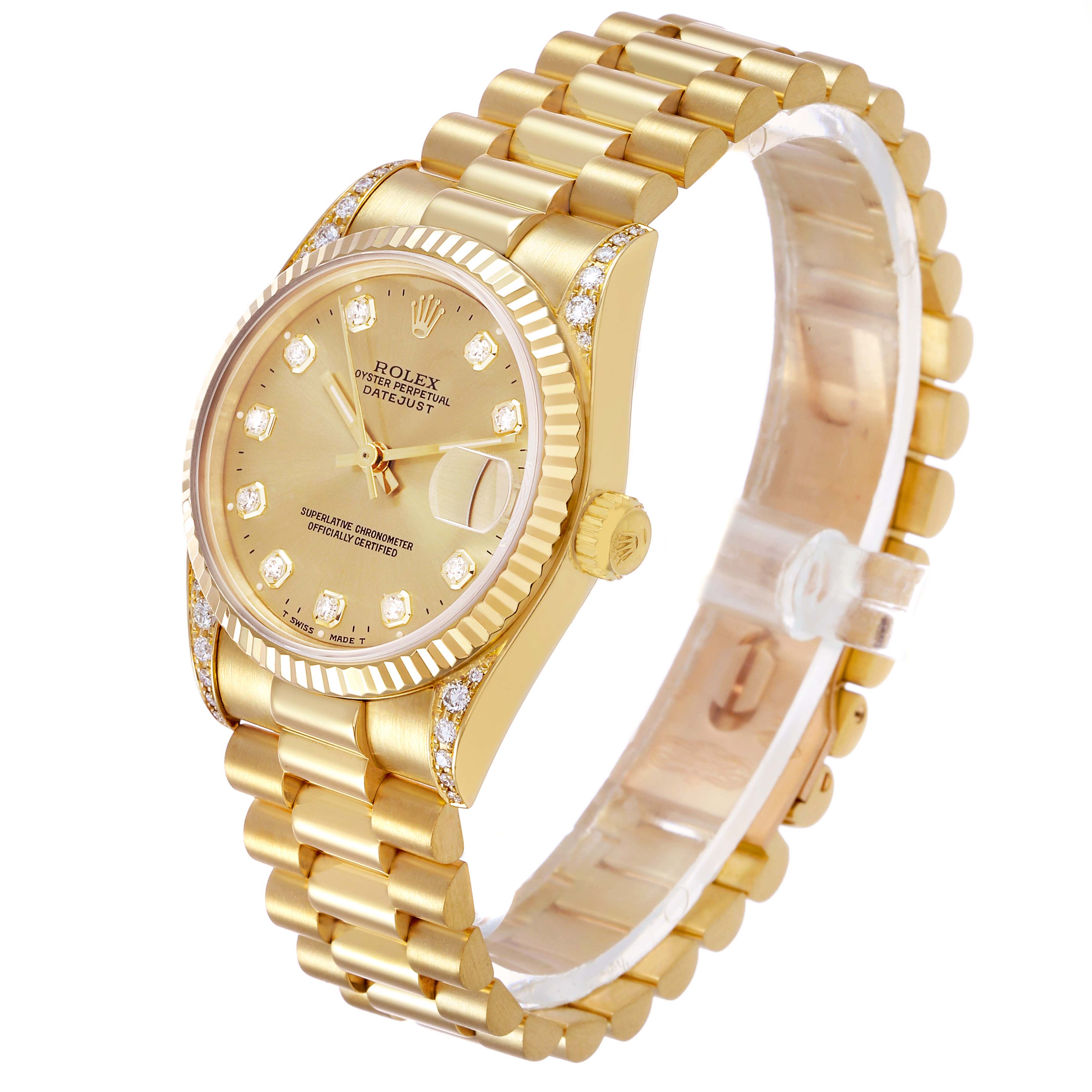 The Rolex Datejust 68238 Women's Yellow Gold Champagne Dial watch is shown at a slight angle highlighting the face, bezel, crown, and bracelet.