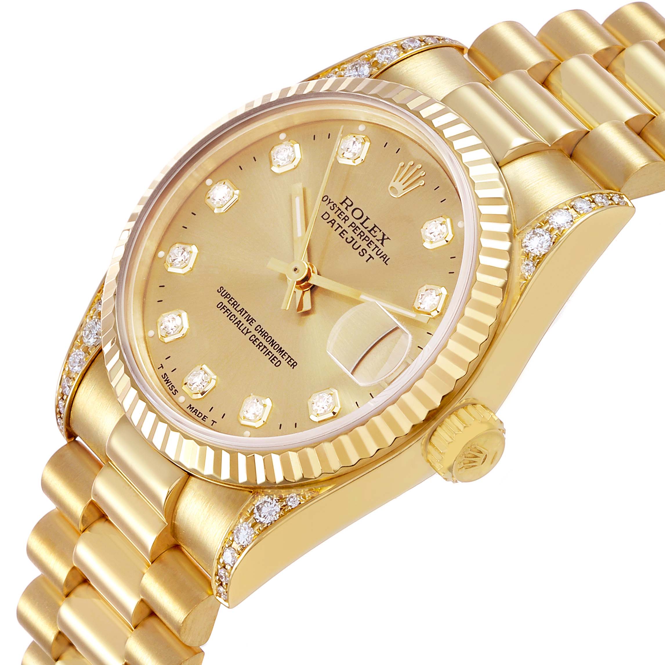 The Rolex Datejust 68238 Women's Yellow Gold Champagne Dial watch is shown at an angled view highlighting its gold case, diamond markers, fluted bezel, and bracelet.