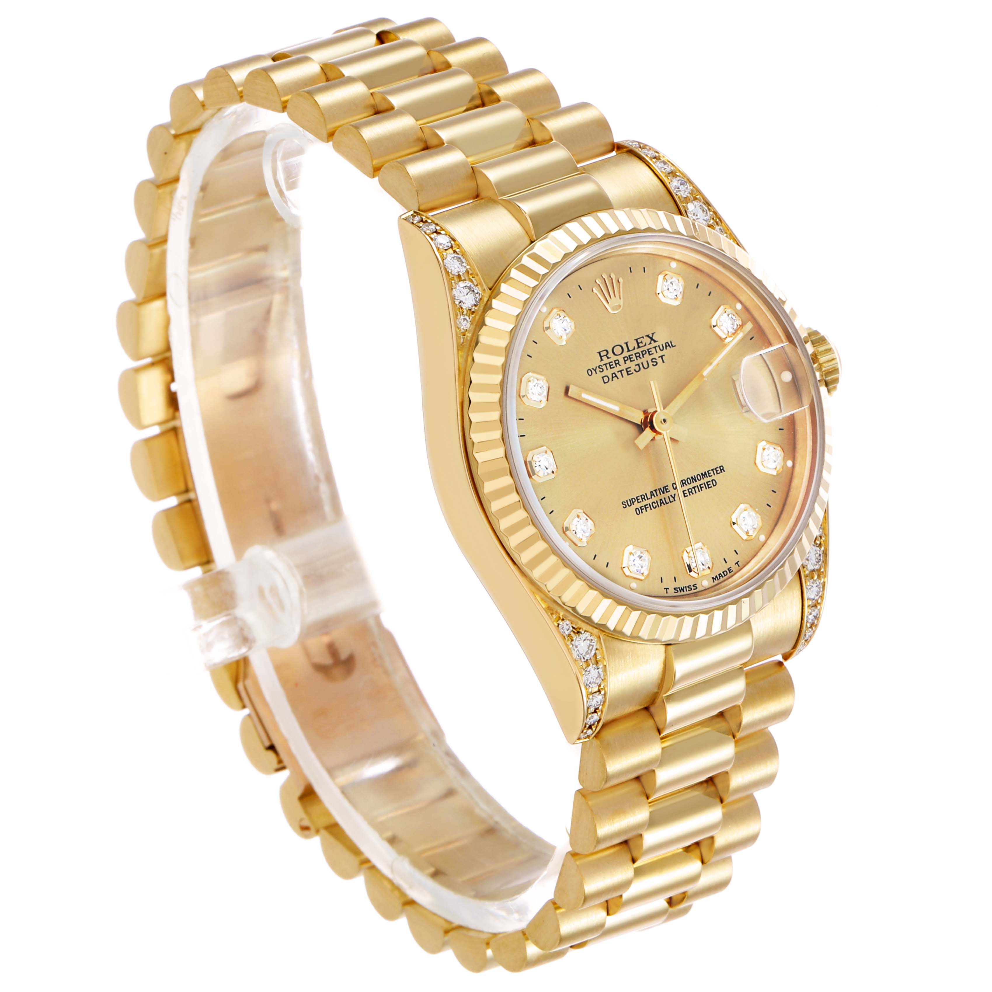The Rolex Datejust 68238 Women's Yellow Gold Champagne Dial watch is shown at an angled side view, highlighting the gold case, diamond hour markers, fluted bezel, and bracelet.