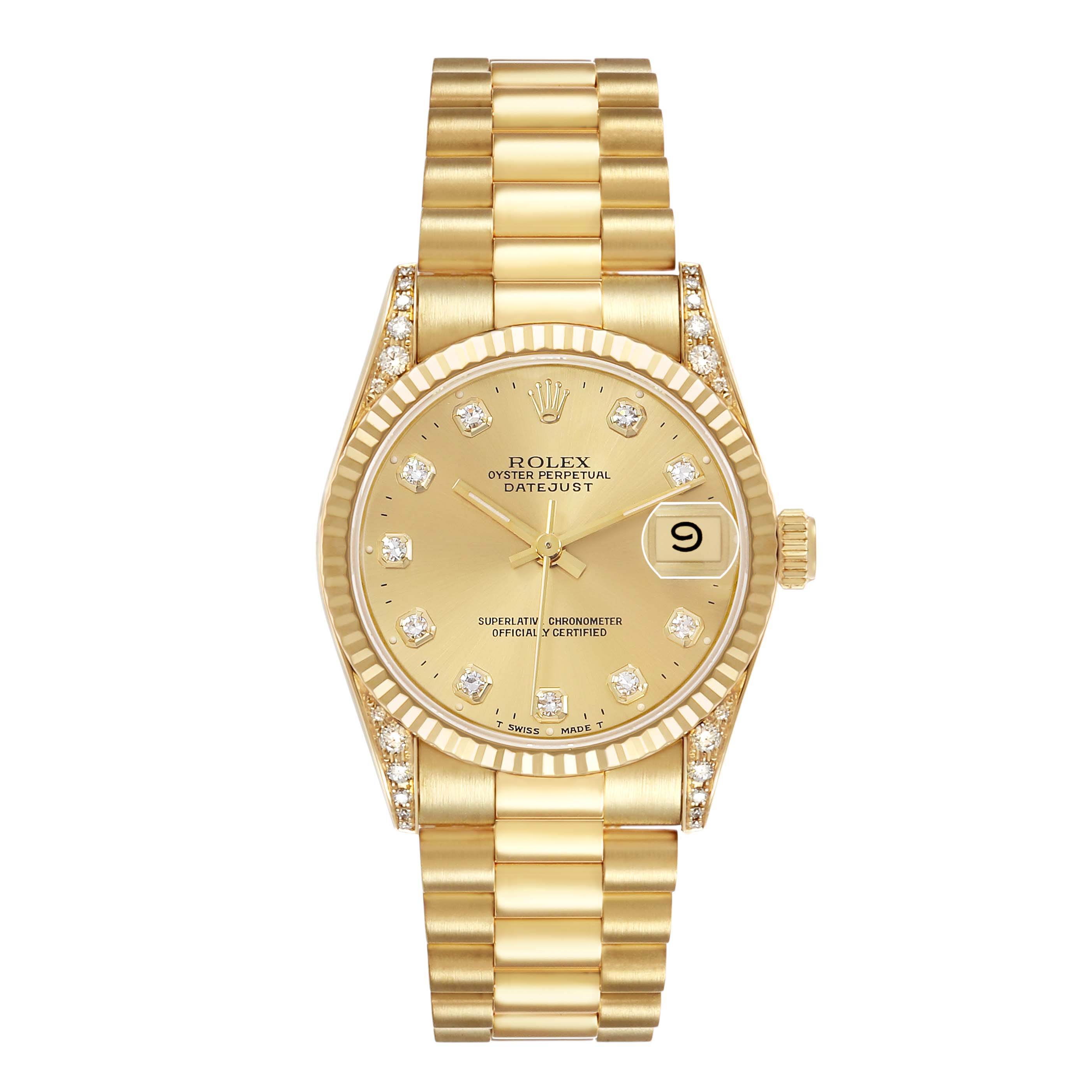 The Rolex Datejust 68238 Women's Yellow Gold Champagne Dial watch is shown from a top view, highlighting its gold bracelet, diamond bezel, and face.