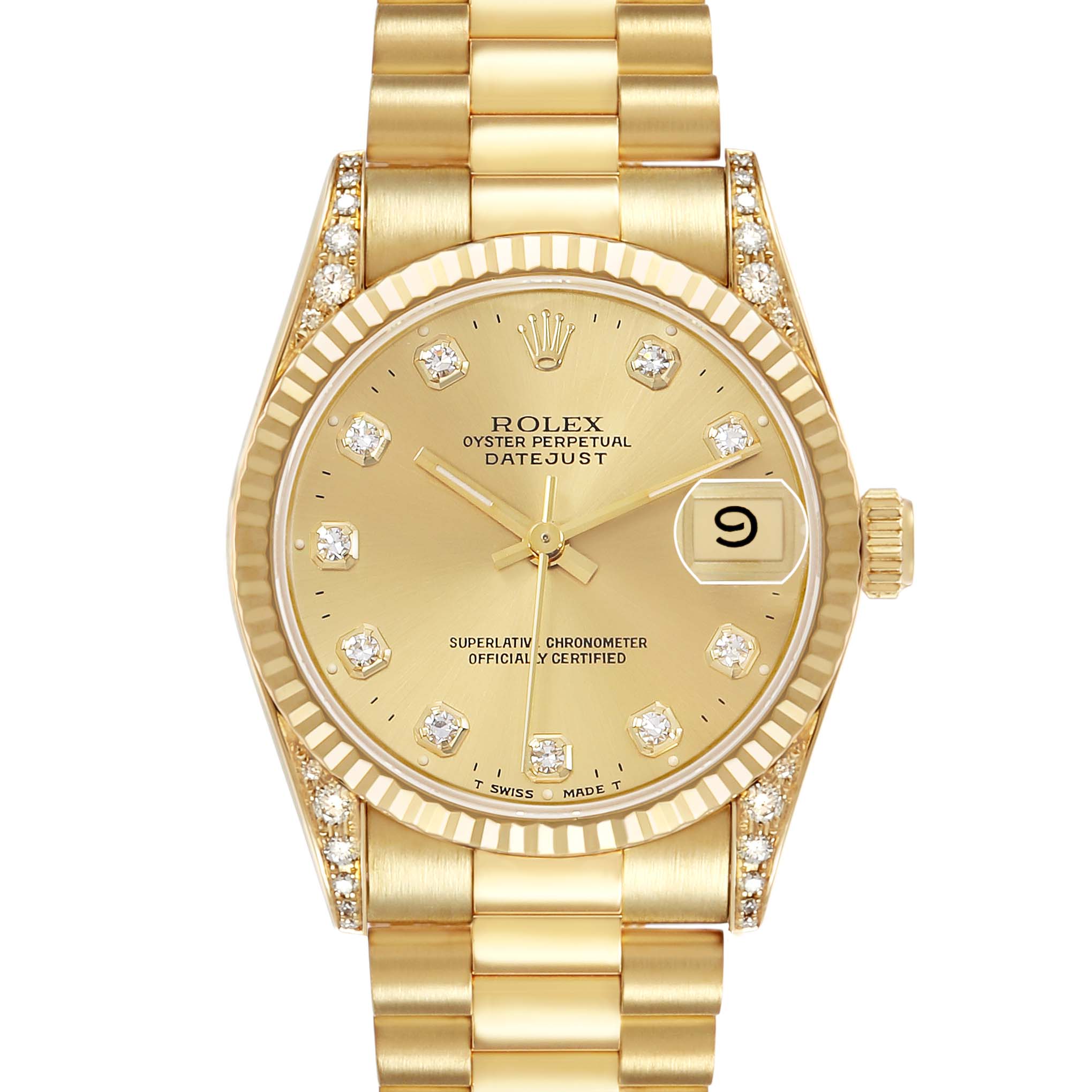 The Rolex Datejust 68238 Women's Yellow Gold Champagne Dial watch is shown from the front, showcasing the dial, date window, and bracelet, with diamond hour markers.