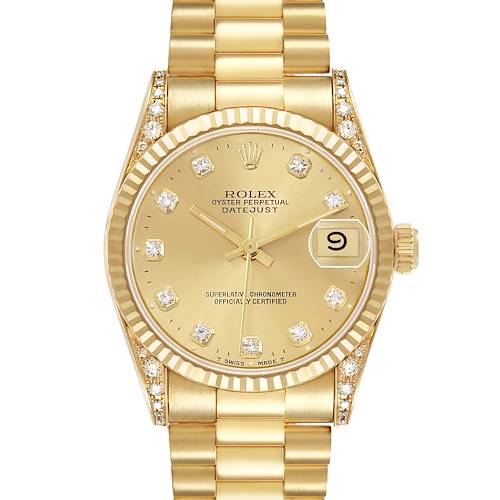 The Rolex Datejust 68238 Women's Yellow Gold Champagne Dial watch is shown from a front view, highlighting the dial, bezel, and bracelet.
