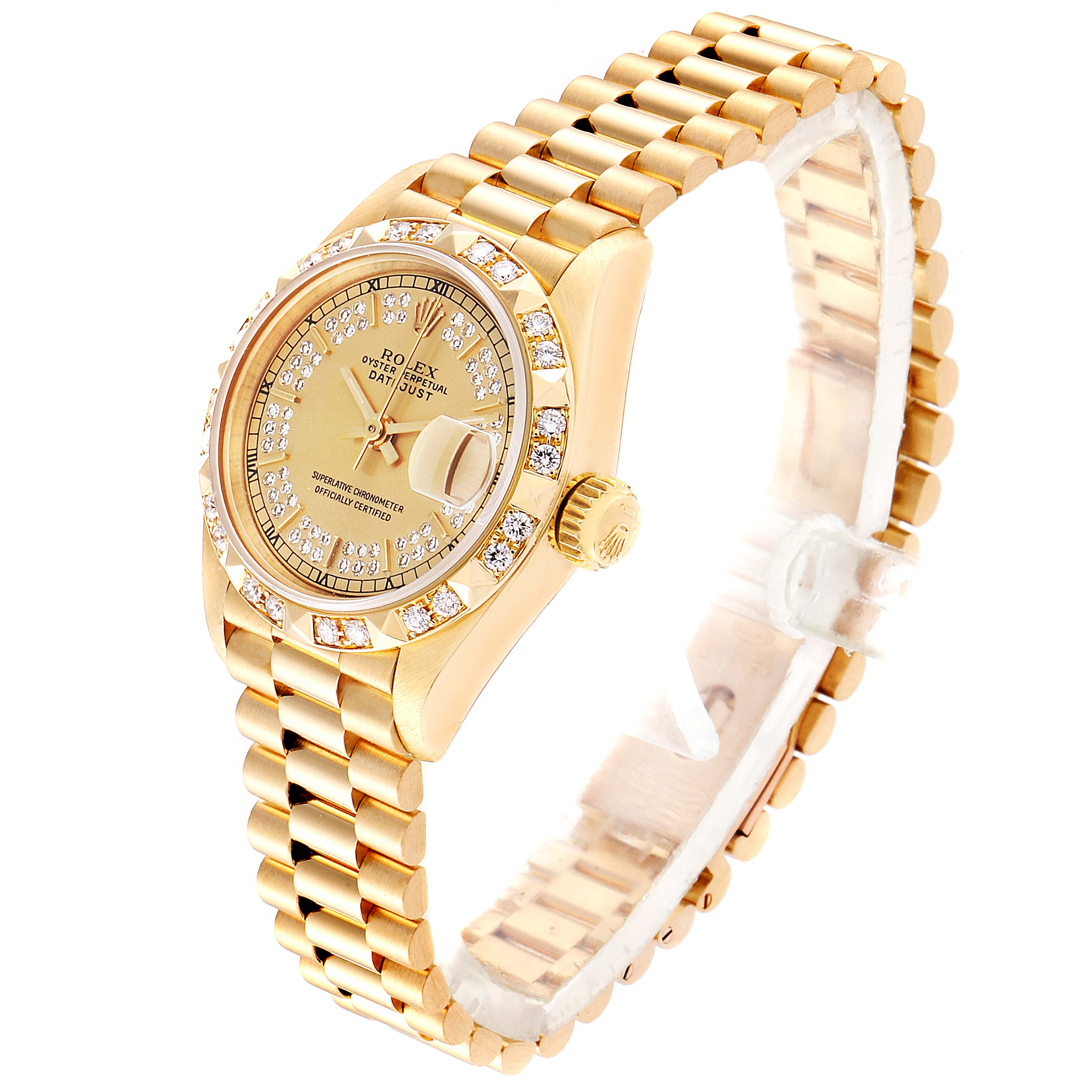 The Rolex Pearlmaster 69258 Women's Yellow Gold Champagne Dial 69258 Women's Yellow Gold Champagne Dial watch is shown at an angle highlighting its gold finish, diamond bezel, dial, and the linked bracelet.