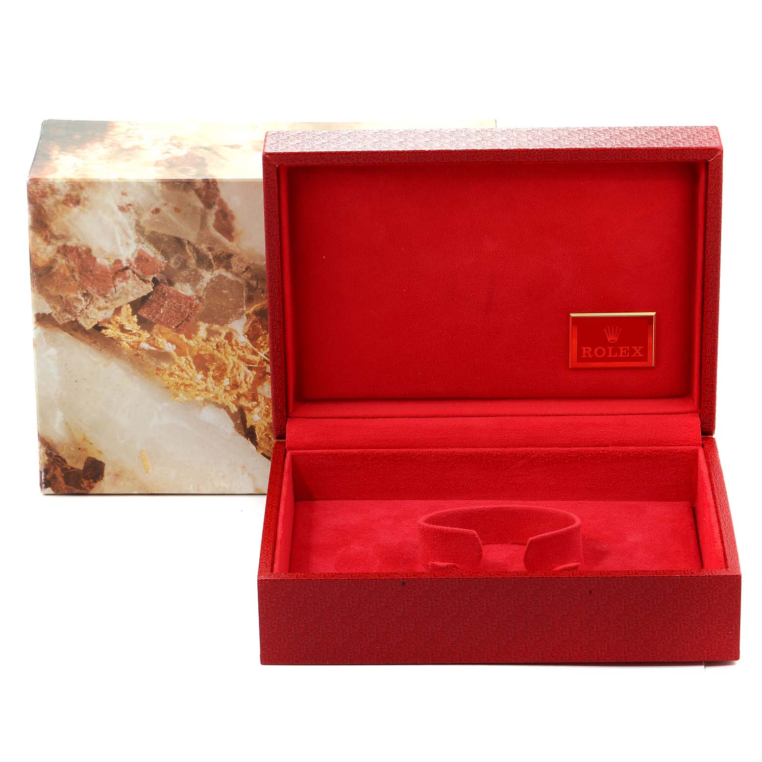 The image shows a red Rolex watch box and case for the Pearlmaster model with a plush interior.