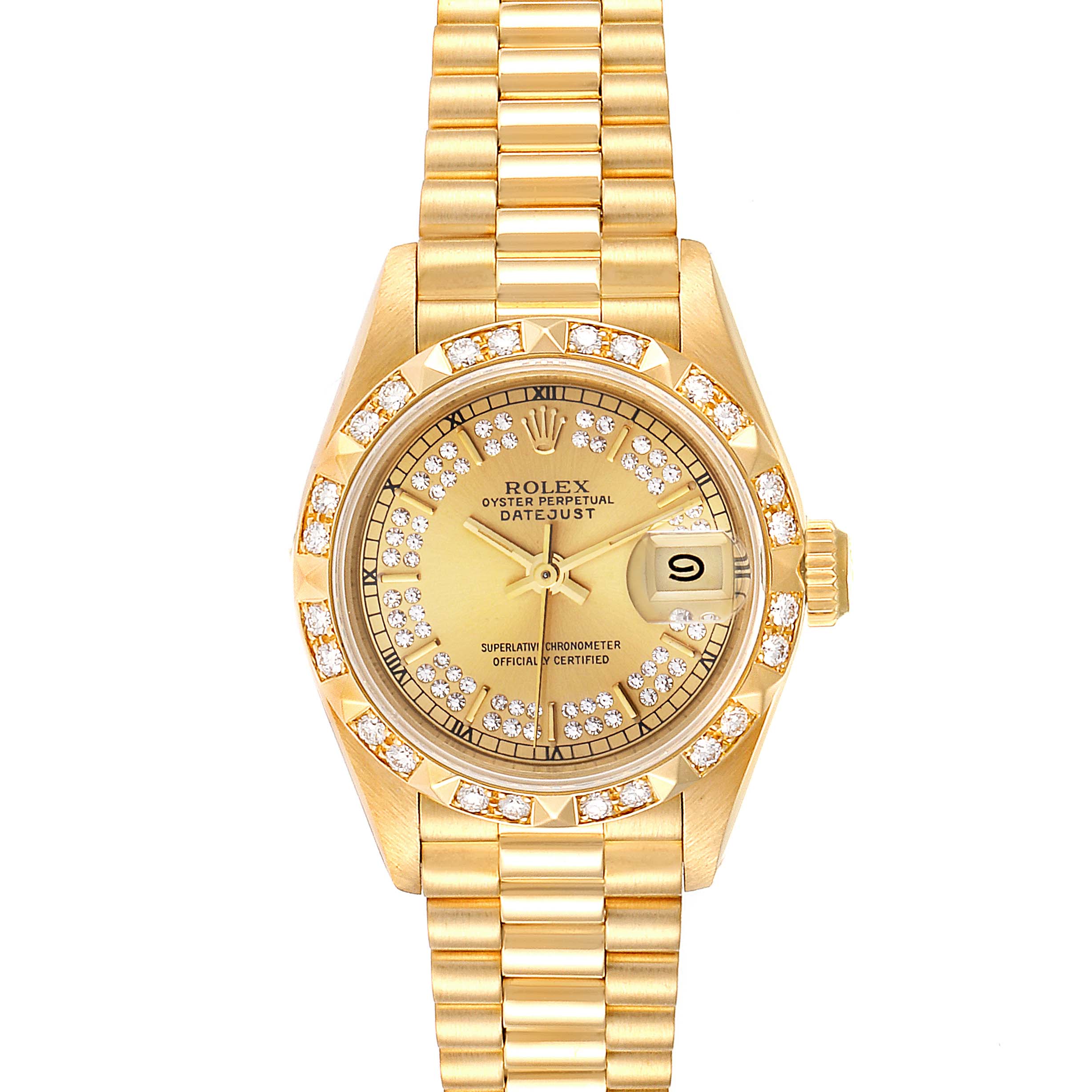 The image shows a front view of a Rolex Pearlmaster 69258 Women's Yellow Gold Champagne Dial 69258 Women's Yellow Gold Champagne Dial watch, highlighting the dial, bezel, bracelet, and crown.