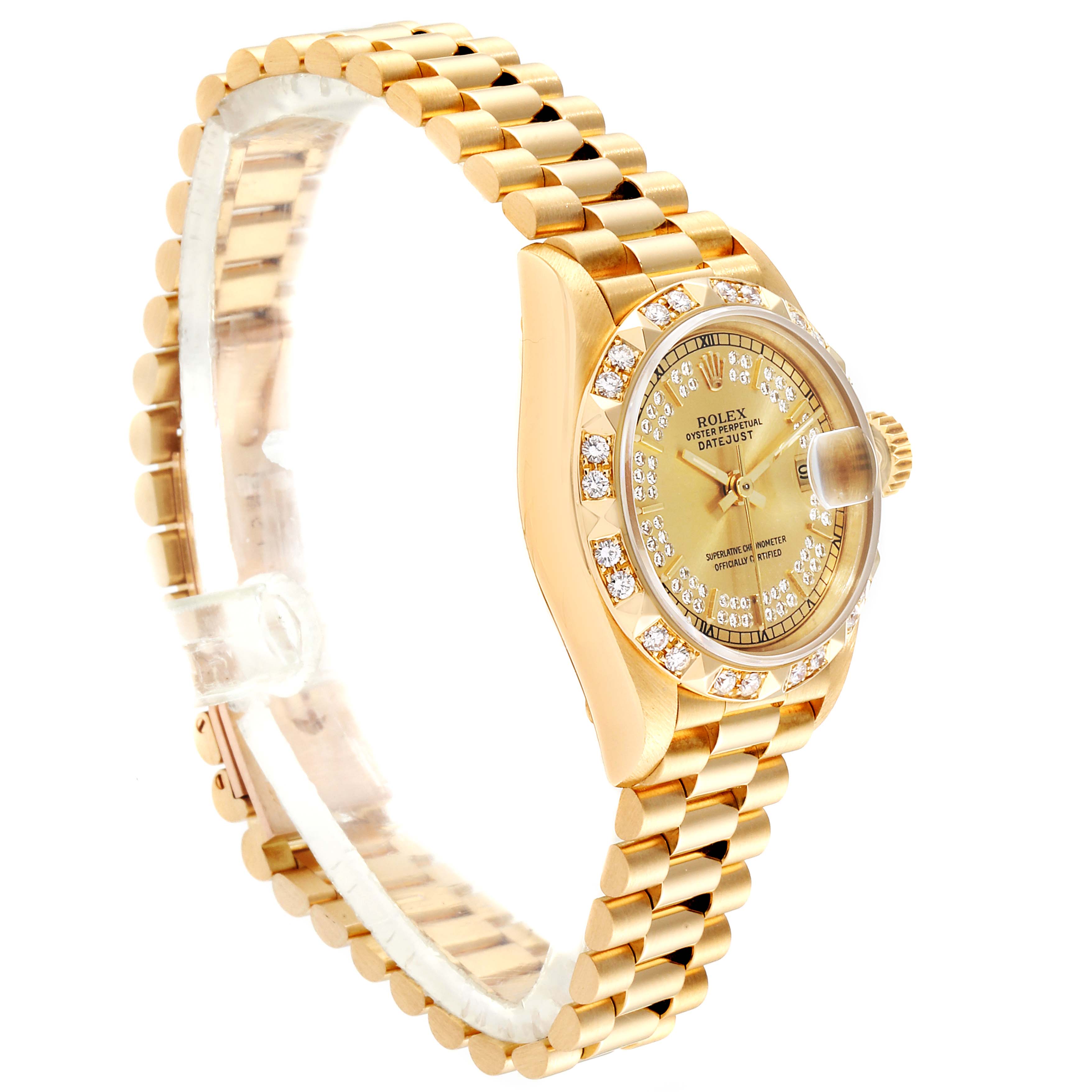 The Rolex Pearlmaster 69258 Women's Yellow Gold Champagne Dial 69258 Women's Yellow Gold Champagne Dial watch is shown at an angled side view, highlighting its gold bracelet, diamond-encrusted bezel, and dial.
