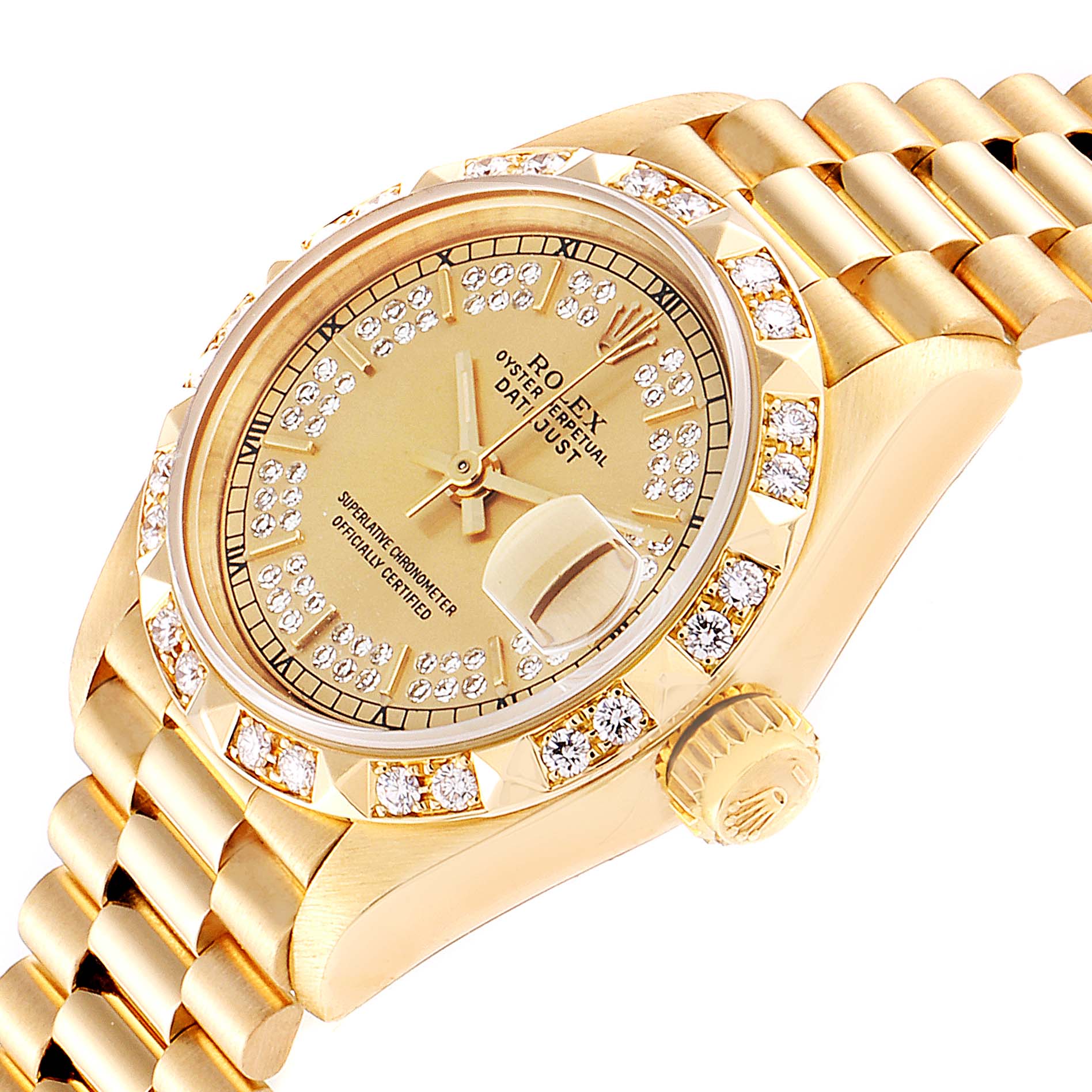 The Rolex Pearlmaster 69258 Women's Yellow Gold Champagne Dial 69258 Women's Yellow Gold Champagne Dial watch is viewed from an angled top-down perspective, showcasing its dial, bezel, crown, and part of its bracelet.