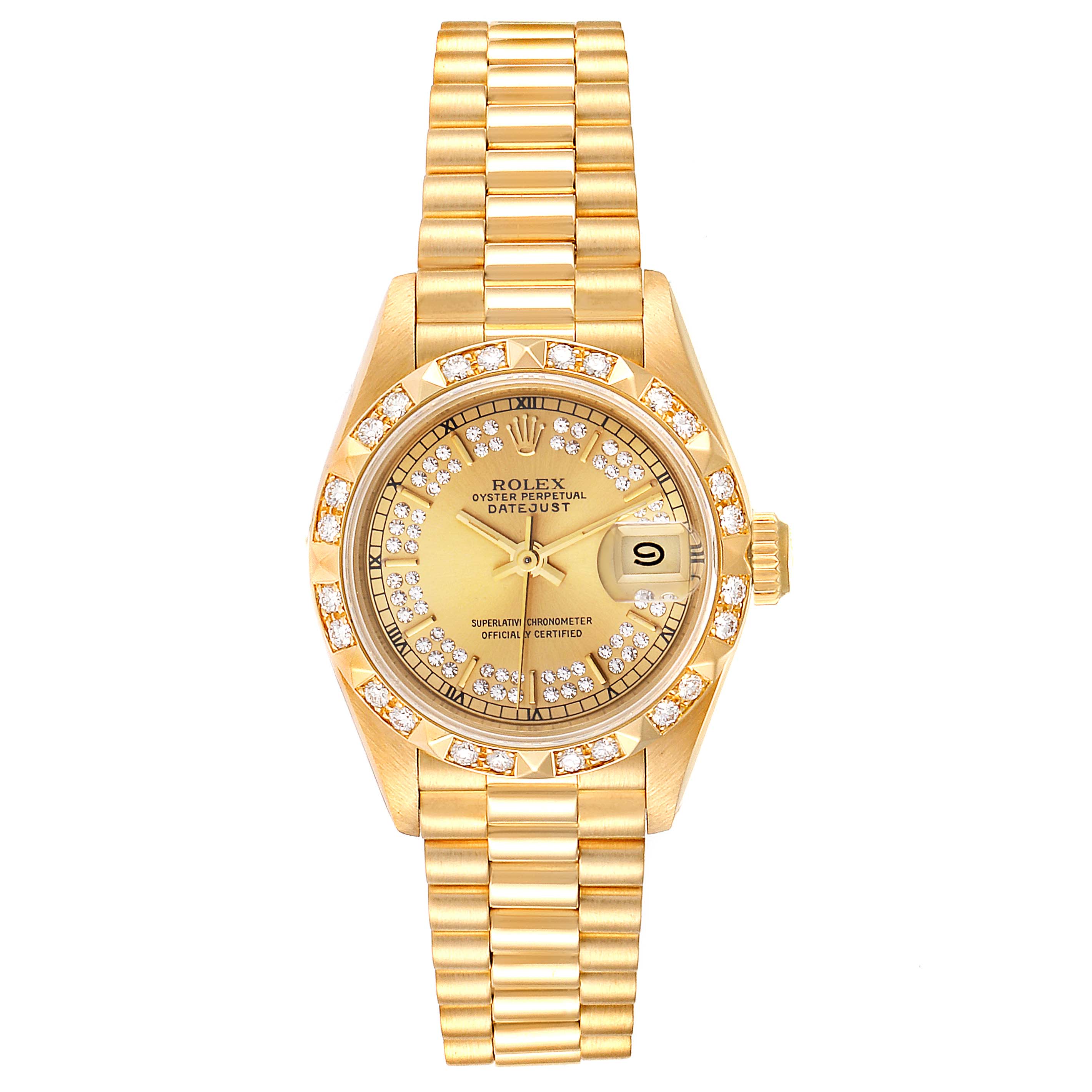 The image shows a Rolex Pearlmaster 69258 Women's Yellow Gold Champagne Dial 69258 Women's Yellow Gold Champagne Dial watch from a front angle, displaying its dial, bejeweled bezel, bracelet, and date feature.