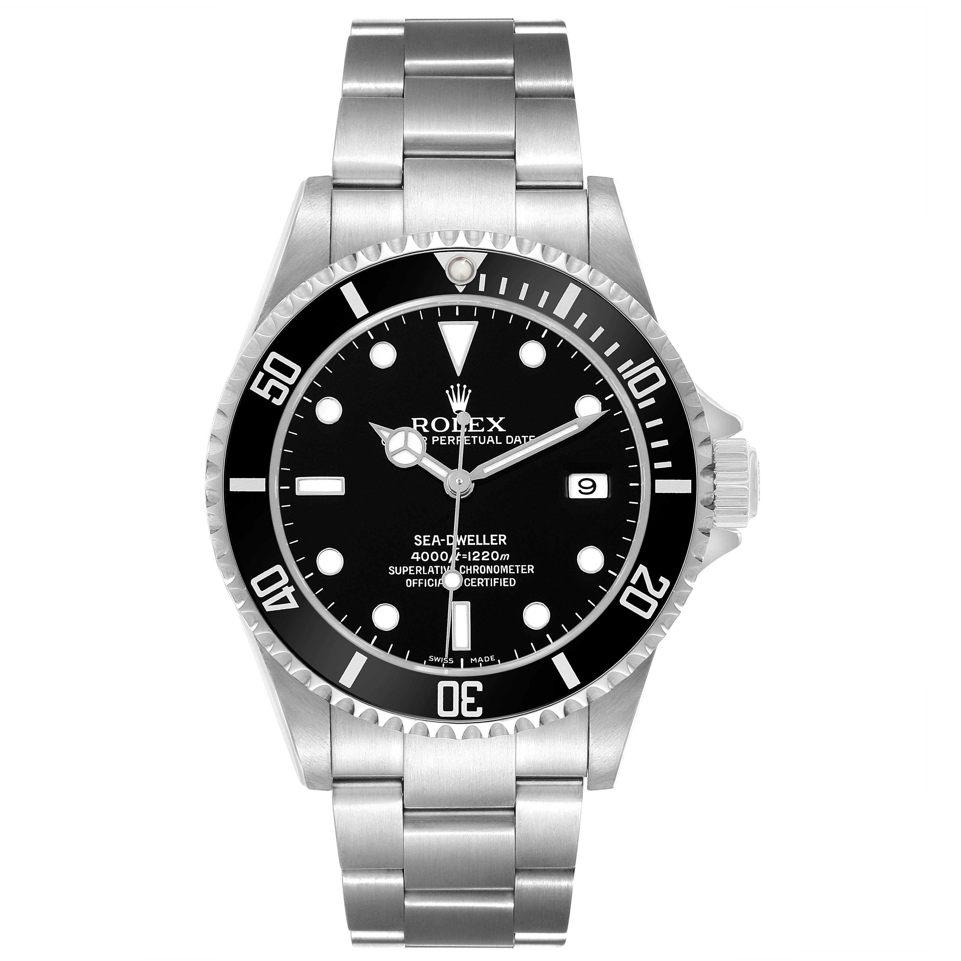 The Rolex Sea-Dweller 16600 Men's Stainless Steel Black Dial watch is shown from the front, displaying the dial, bezel, and stainless steel bracelet.