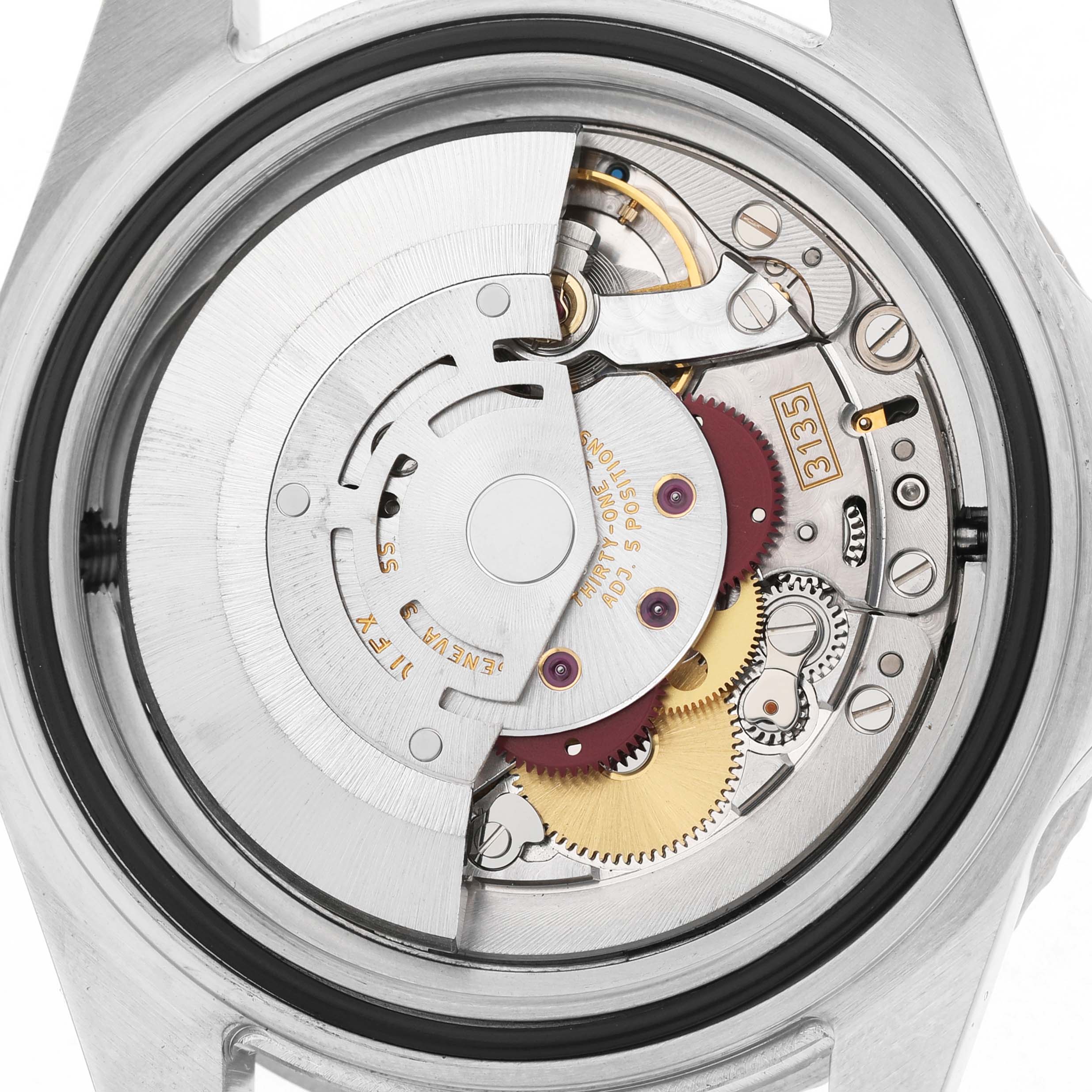 The image shows the back view of the Rolex Sea-Dweller 16600 Men's Stainless Steel Black Dial watch with its exposed mechanical movement.