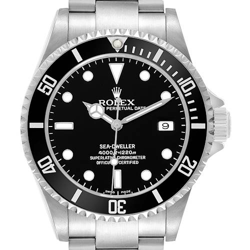The Rolex Sea-Dweller 16600 Men's Stainless Steel Black Dial watch is shown from a straight-on angle, displaying the dial, bezel, and part of the bracelet.
