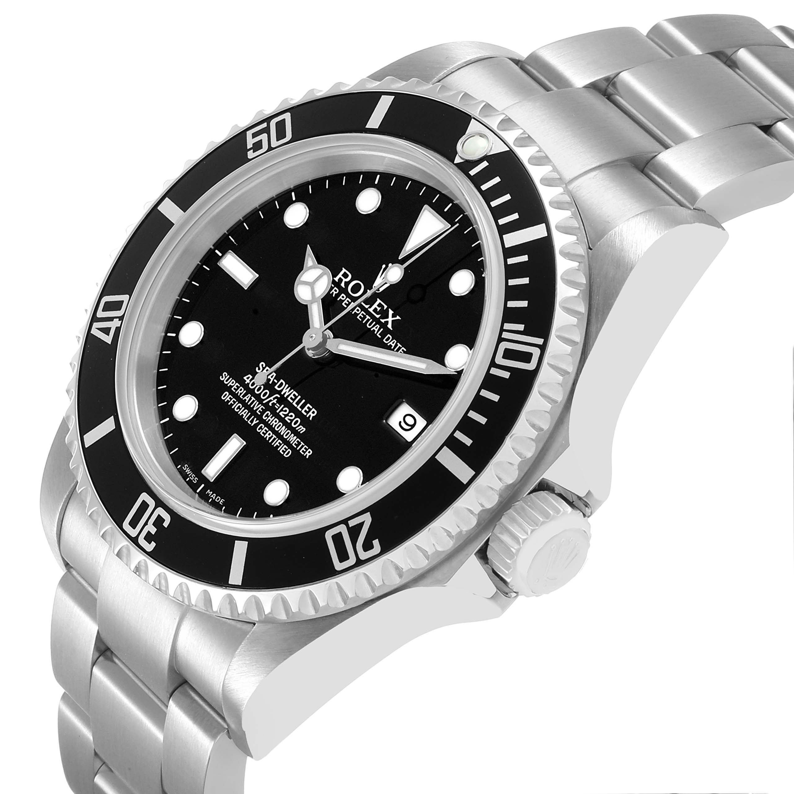 The Rolex Sea-Dweller 16600 Men's Stainless Steel Black Dial watch is shown at an angled side view, highlighting the bezel, dial, crown, and part of the bracelet.