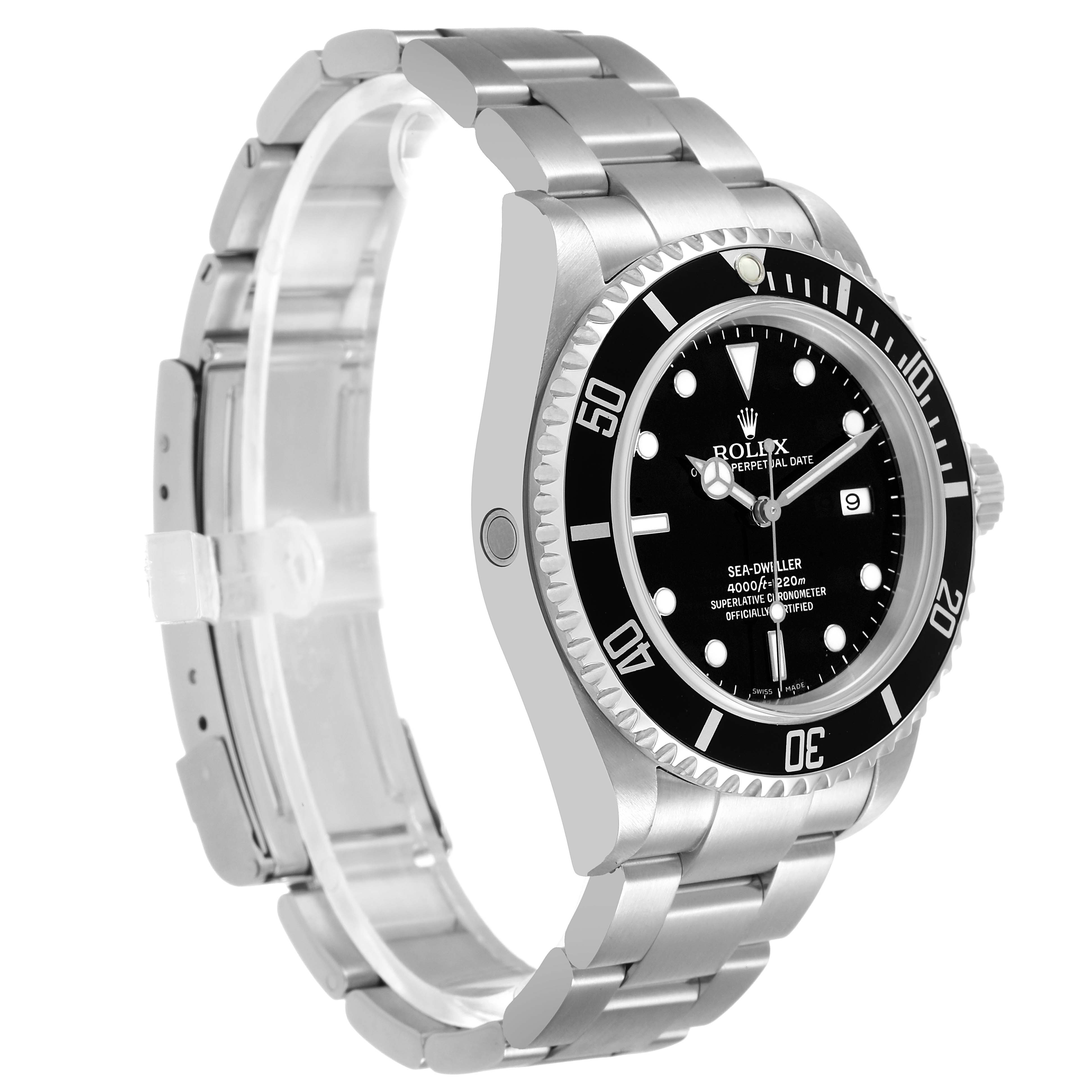 The Rolex Sea-Dweller 16600 Men's Stainless Steel Black Dial watch is shown at a side angle, illustrating the bezel, dial, crown, and bracelet.