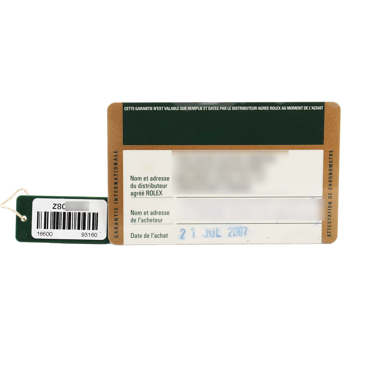 The image shows a warranty card and tag for a Rolex Sea-Dweller 16600 Men's Stainless Steel Black Dial, not the watch itself.