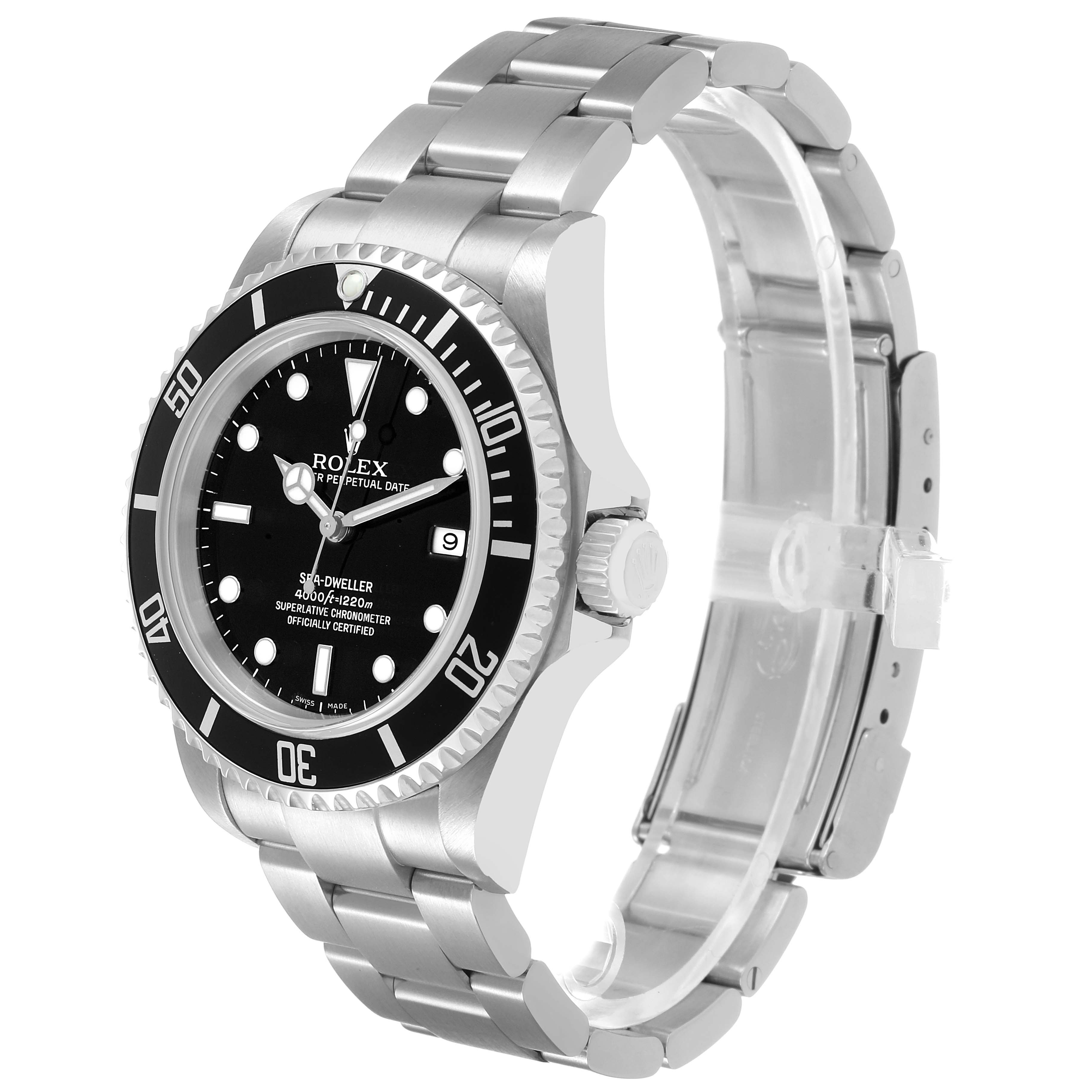The Rolex Sea-Dweller 16600 Men's Stainless Steel Black Dial watch is shown at a three-quarter angle, displaying the dial, bracelet, bezel, and crown.