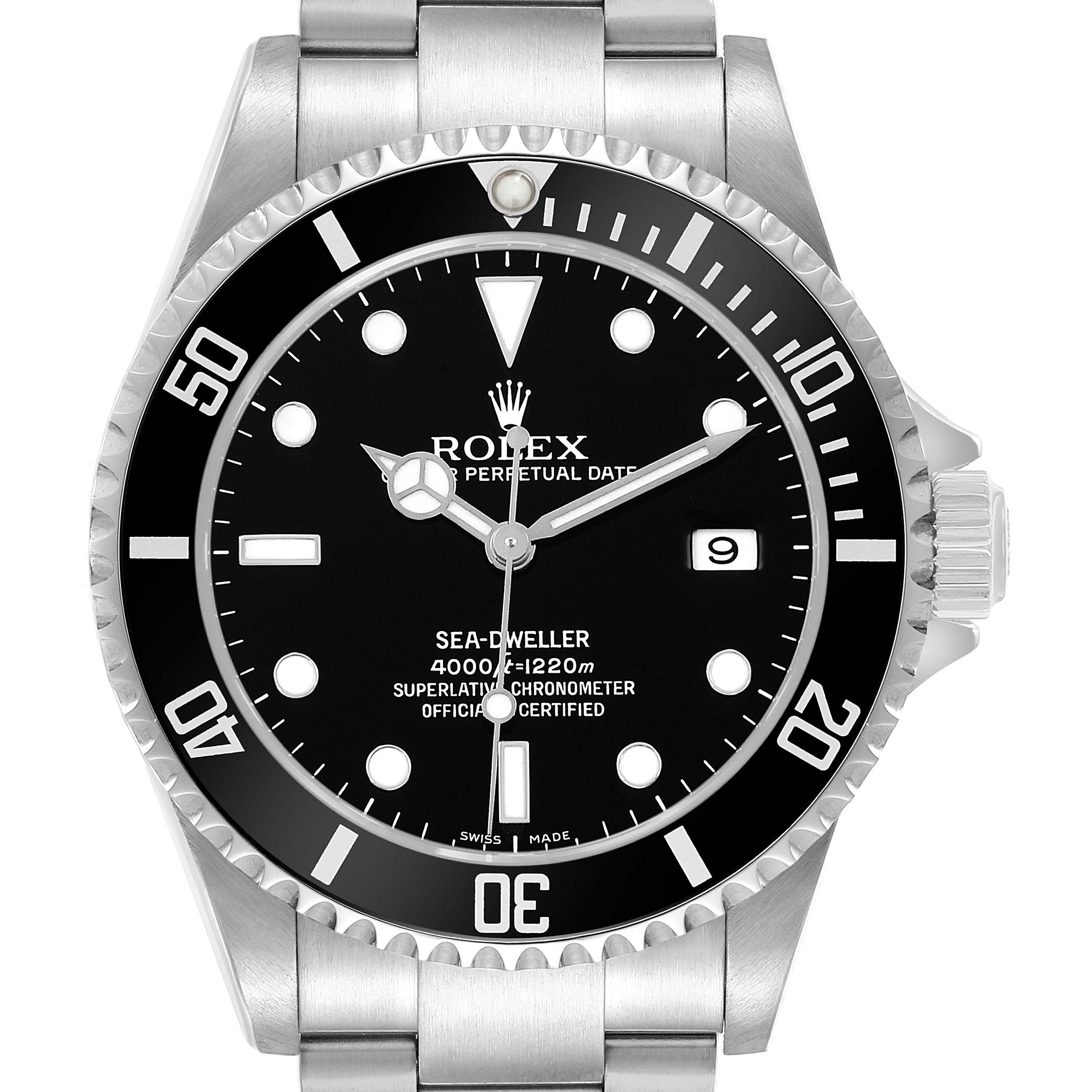 The Rolex Sea-Dweller 16600 Men's Stainless Steel Black Dial is shown from a front angle featuring the dial, bezel, bracelet, and crown.