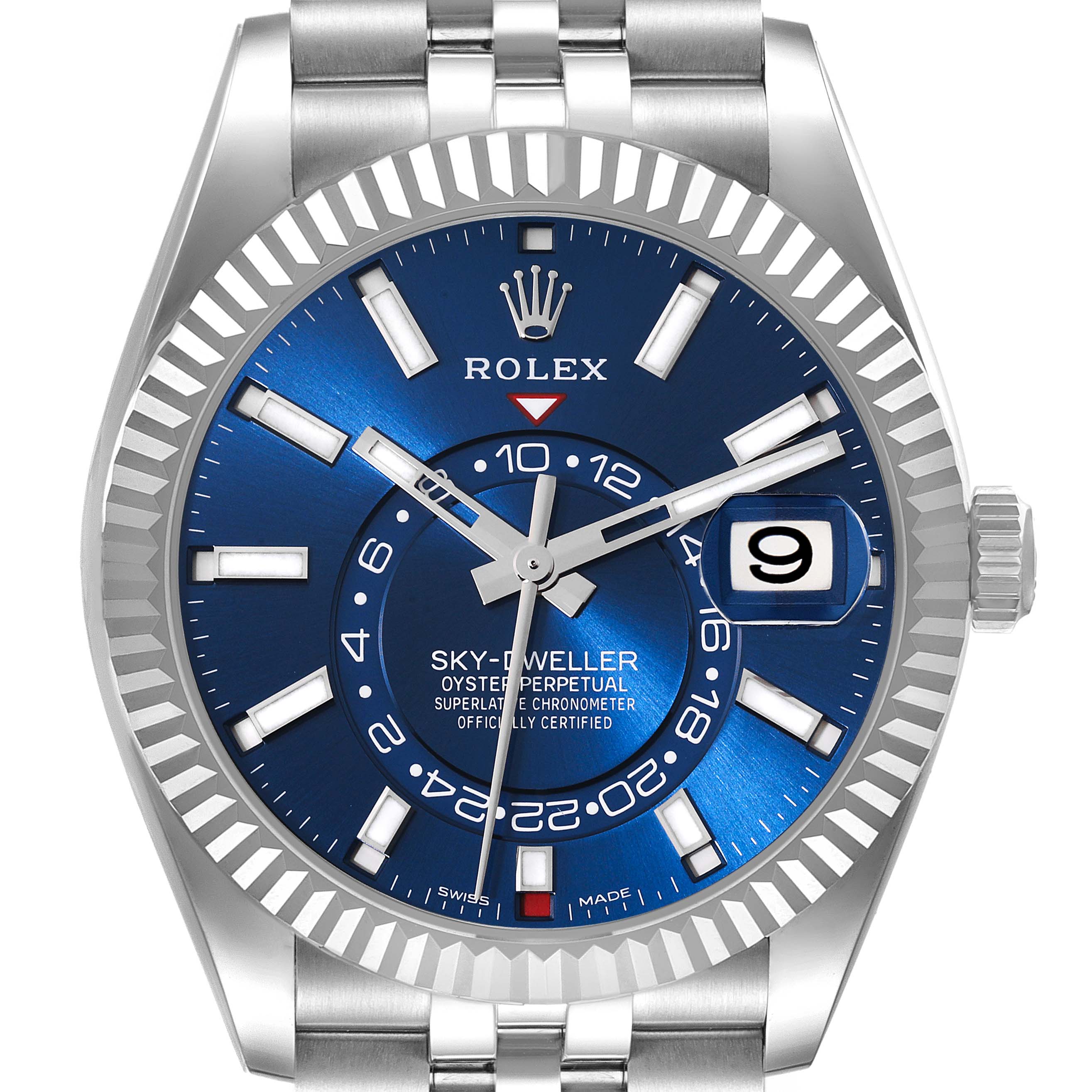 The image shows a Rolex Sky-Dweller 326934 Men's Stainless Steel Blue Dial 326934 Men's Stainless Steel Blue Dial watch, featuring a blue dial, fluted bezel, and Oyster bracelet, from a frontal angle.
