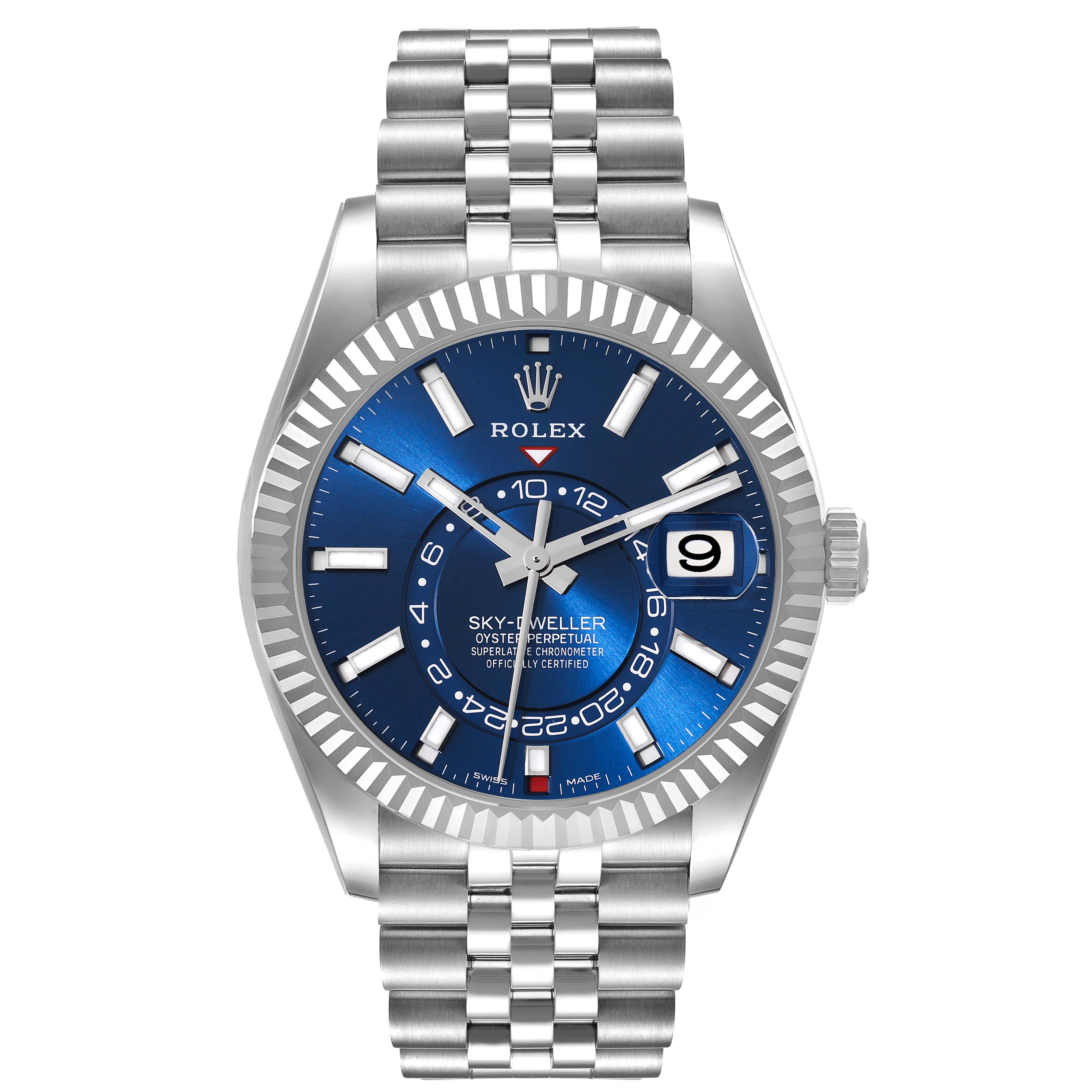 The Rolex Sky-Dweller 326934 Men's Stainless Steel Blue Dial 326934 Men's Stainless Steel Blue Dial watch is shown from the front, displaying its blue dial, fluted bezel, date window, and stainless-steel bracelet.