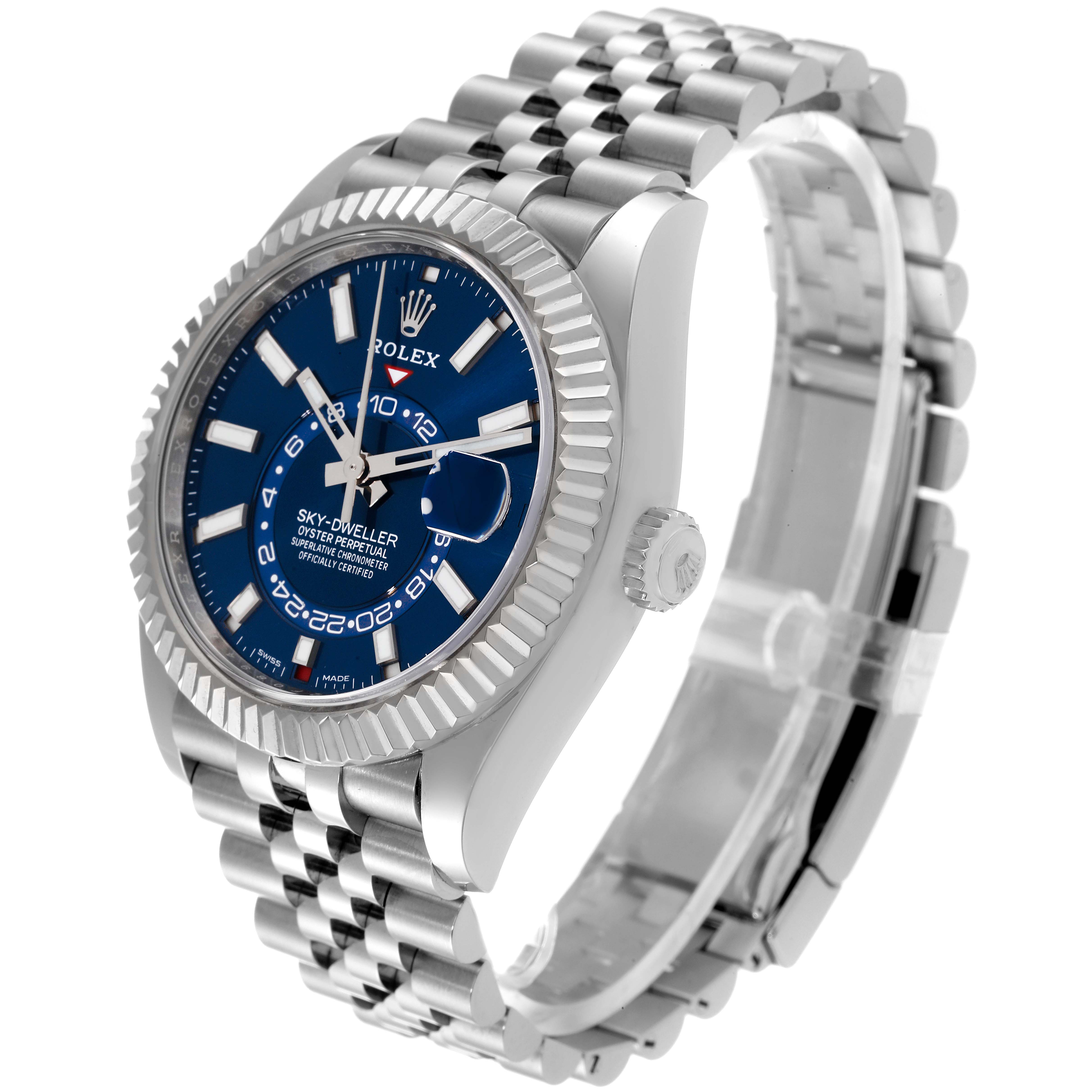 The image shows a Rolex Sky-Dweller 326934 Men's Stainless Steel Blue Dial 326934 Men's Stainless Steel Blue Dial watch at a slight angle, displaying the face, crown, and bracelet.