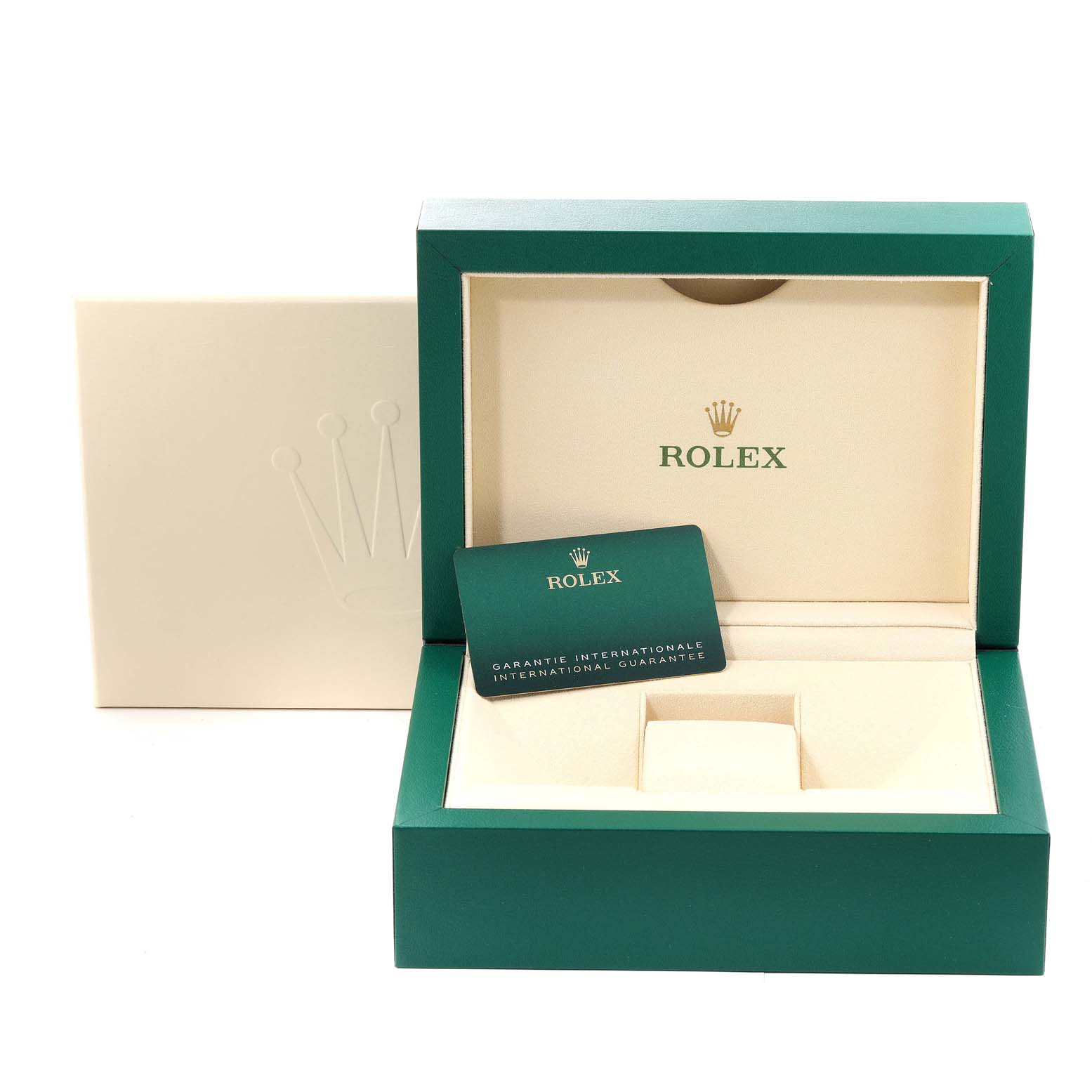 The image shows an open Rolex Sky-Dweller 326934 Men's Stainless Steel White Dial 326934 Men's Stainless Steel White Dial watch box with an international guarantee card displayed.