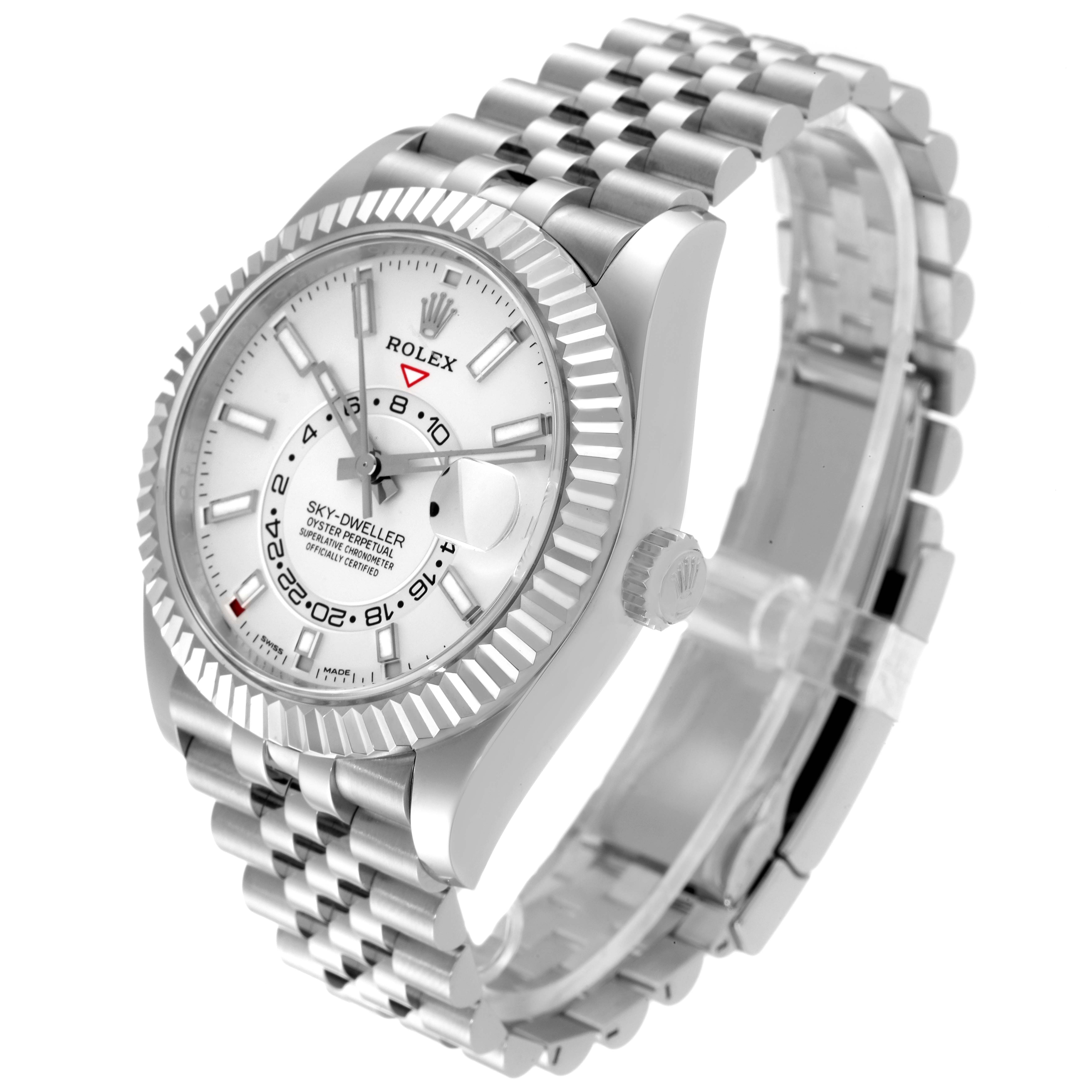 The Rolex Sky-Dweller 326934 Men's Stainless Steel White Dial 326934 Men's Stainless Steel White Dial watch is shown at a three-quarter angle, displaying the dial, bezel, and bracelet.