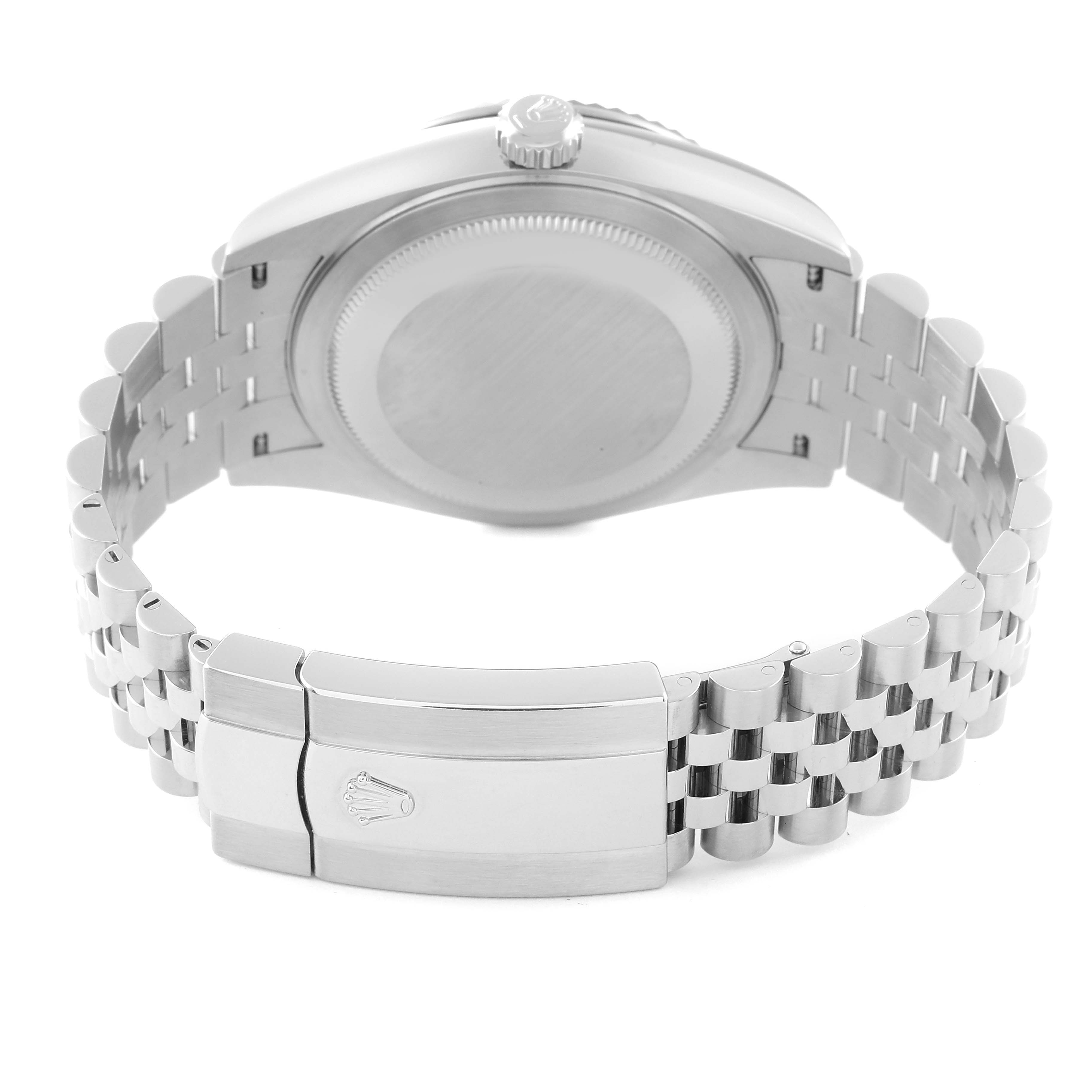 The image shows the back view of a Rolex Sky-Dweller 326934 Men's Stainless Steel White Dial 326934 Men's Stainless Steel White Dial watch, highlighting the case back and Jubilee bracelet with a clasp.