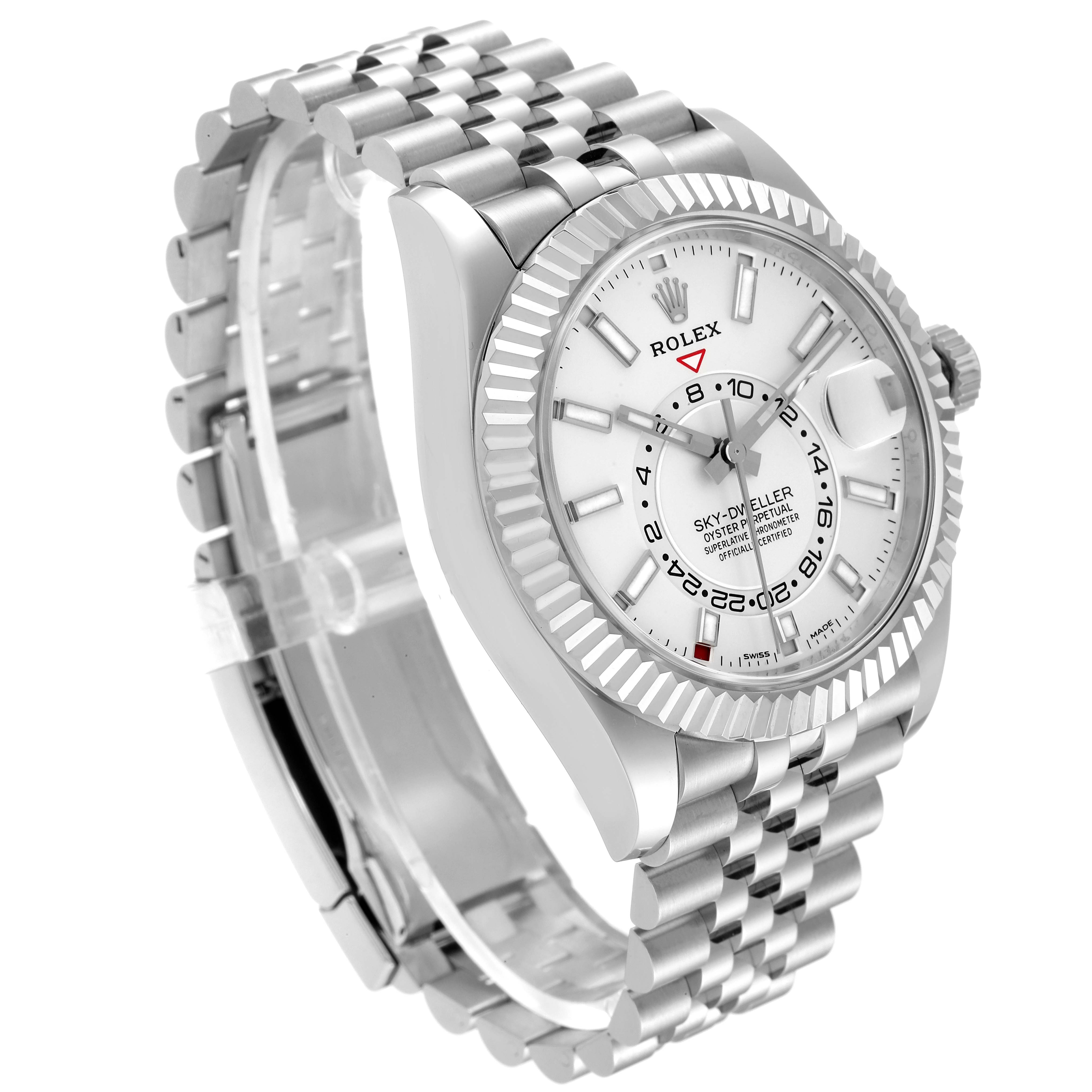 This image shows a side angle view of the Rolex Sky-Dweller 326934 Men's Stainless Steel White Dial 326934 Men's Stainless Steel White Dial watch, displaying the watch face and the metal bracelet.