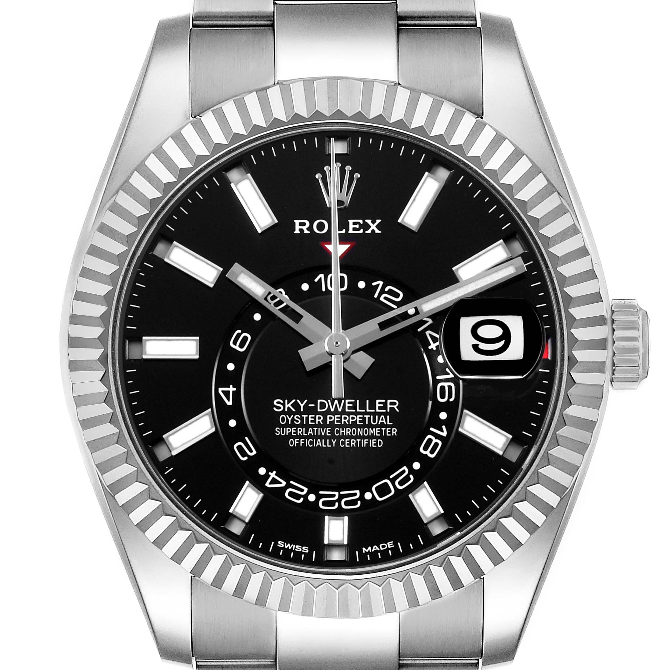 The Rolex Sky-Dweller 326934 Men's Stainless Steel Black Dial watch is shown from a front angle, highlighting its dial, bezel, hands, and bracelet.