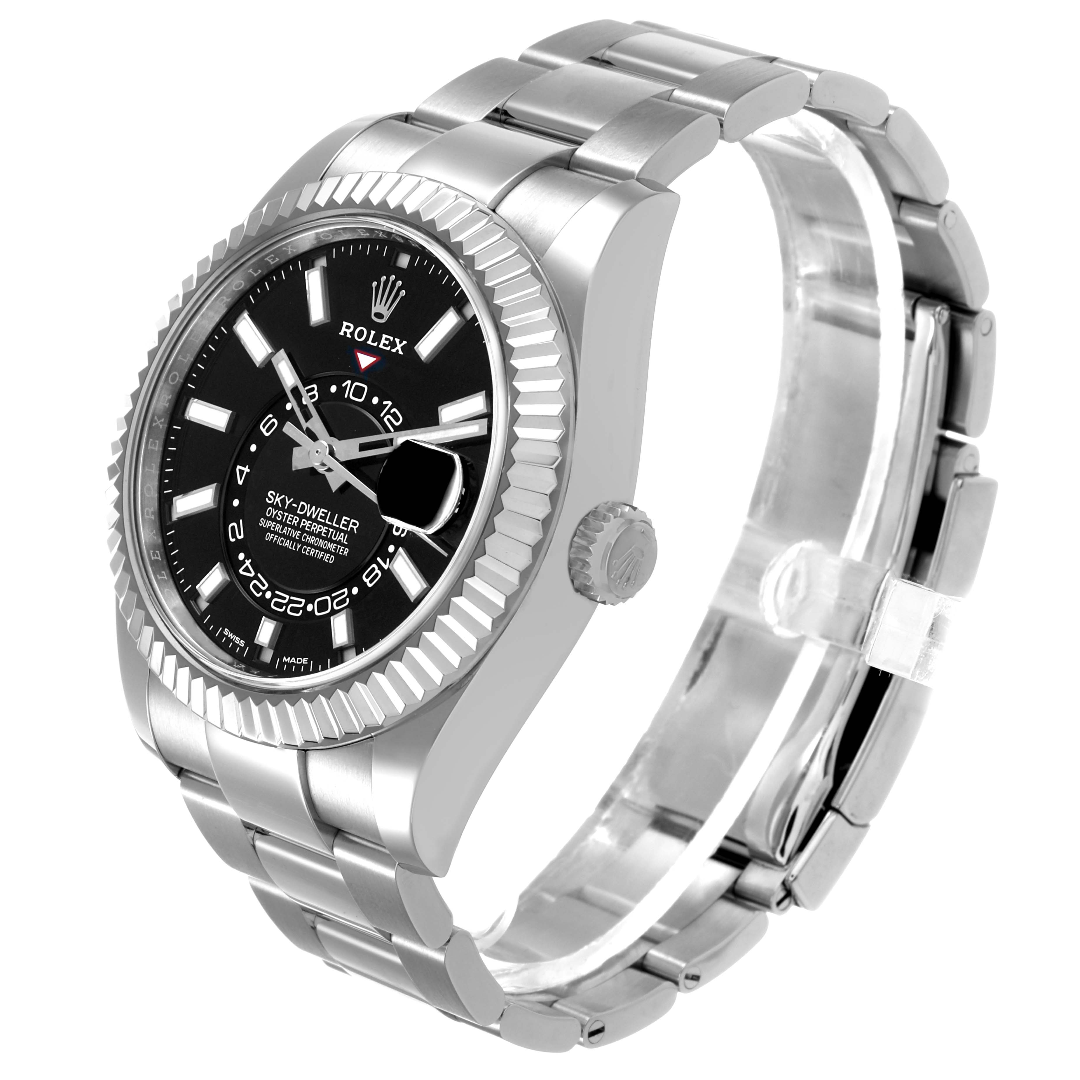 The Rolex Sky-Dweller 326934 Men's Stainless Steel Black Dial watch is shown at a three-quarter angle, highlighting the bezel, dial, crown, and bracelet.