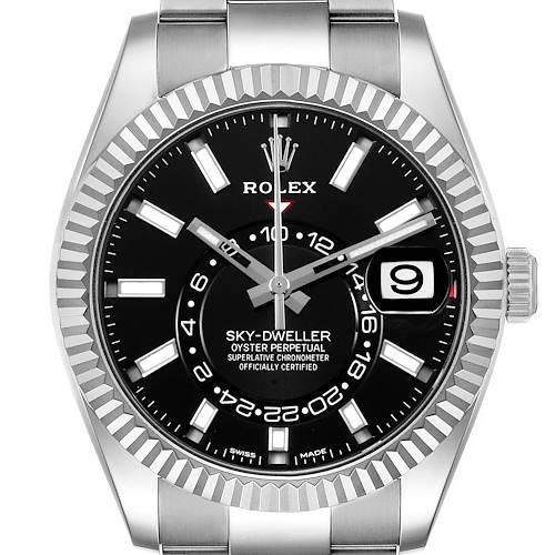 The image shows a front view of the Rolex Sky-Dweller 326934 Men's Stainless Steel Black Dial, highlighting its black dial, fluted bezel, and date window.