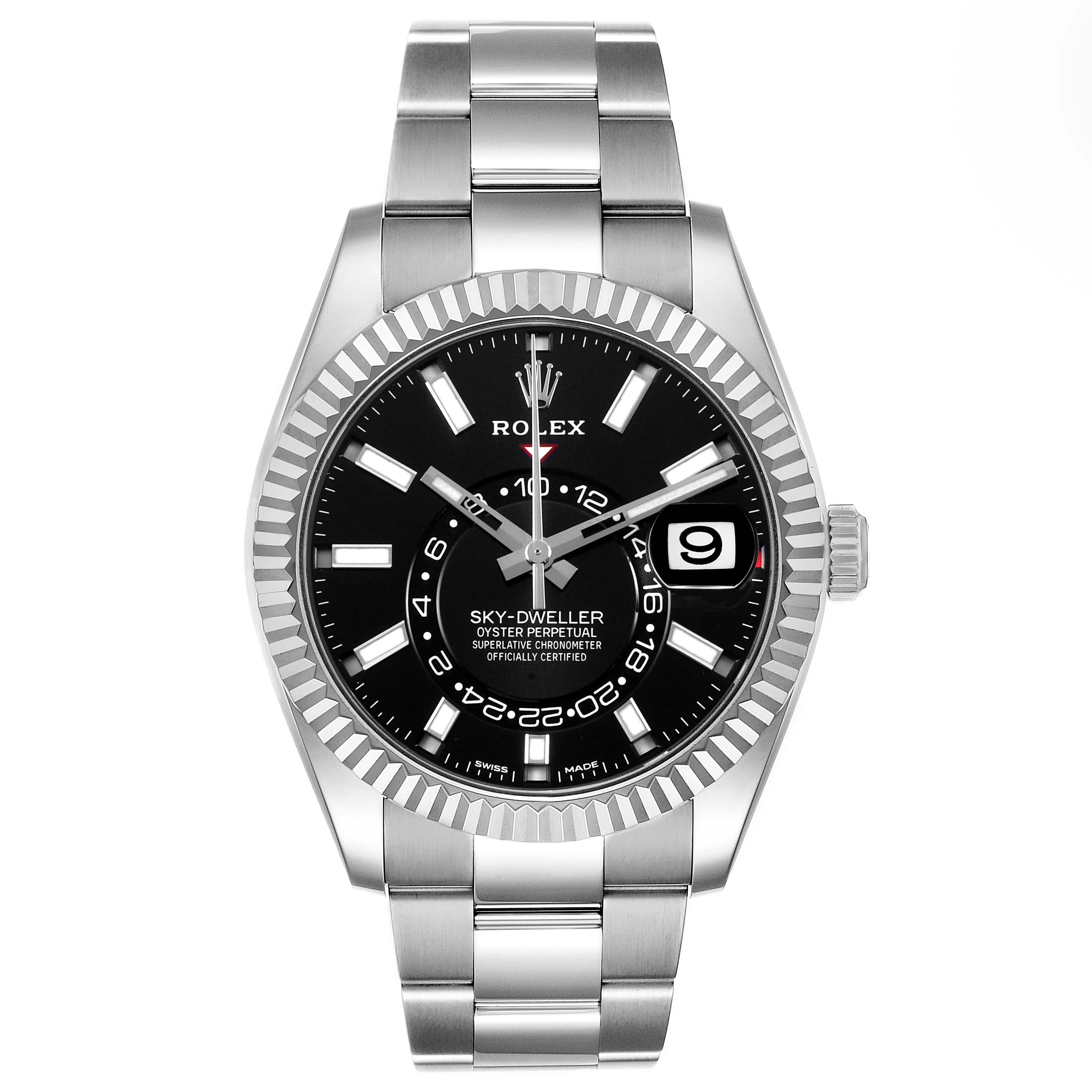 The Rolex Sky-Dweller 326934 Men's Stainless Steel Black Dial is shown from the front, displaying its face, bezel, bracelet, and crown.