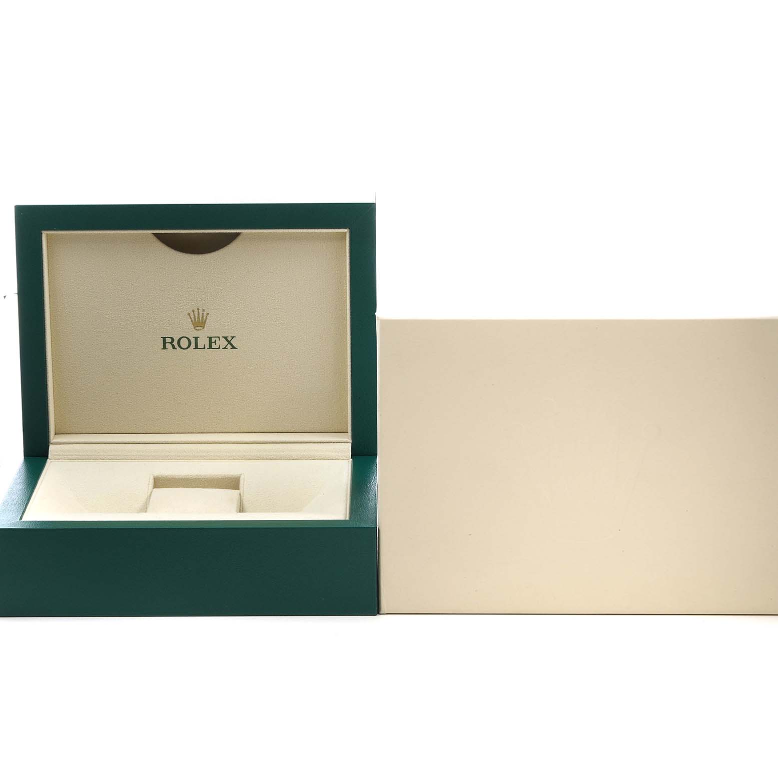 The image shows a Rolex Sky-Dweller 326934 Men's Stainless Steel Black Dial watch box at an angle with the lid open, displaying the brand logo inside.