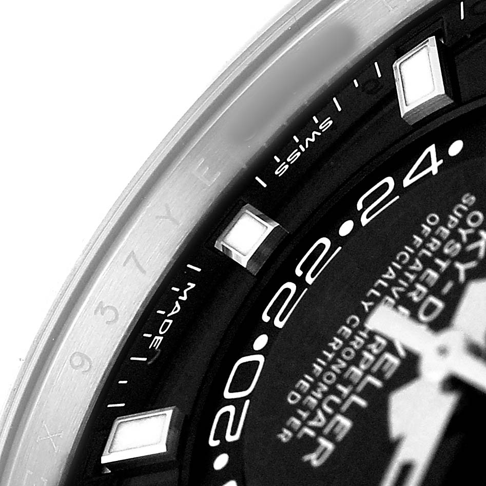 The image shows a close-up of the Rolex Sky-Dweller 326934 Men's Stainless Steel Black Dial's dial, including the hour markers and part of the bezel.