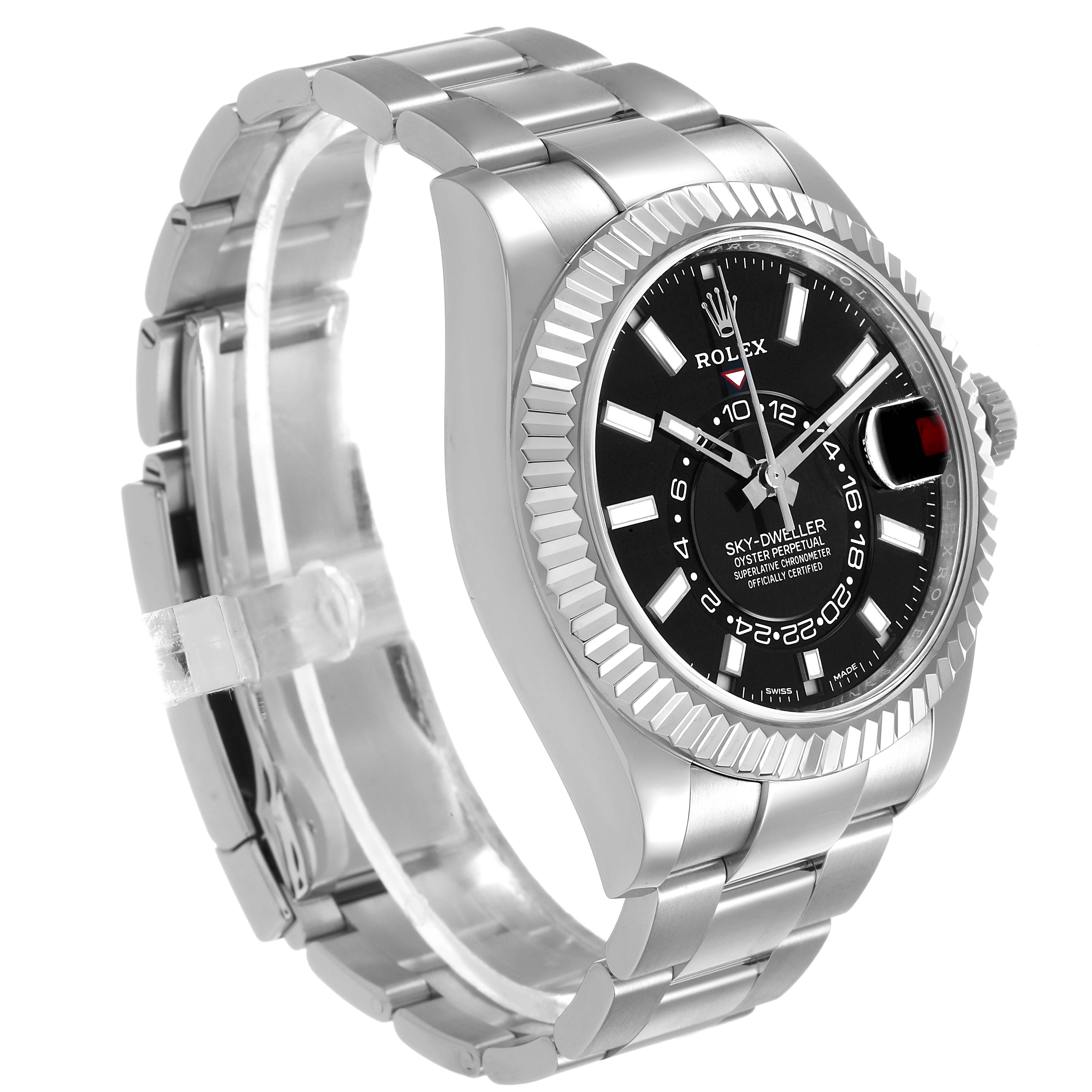 The Rolex Sky-Dweller 326934 Men's Stainless Steel Black Dial watch is shown at a three-quarter angle, displaying the face, bezel, crown, and bracelet.