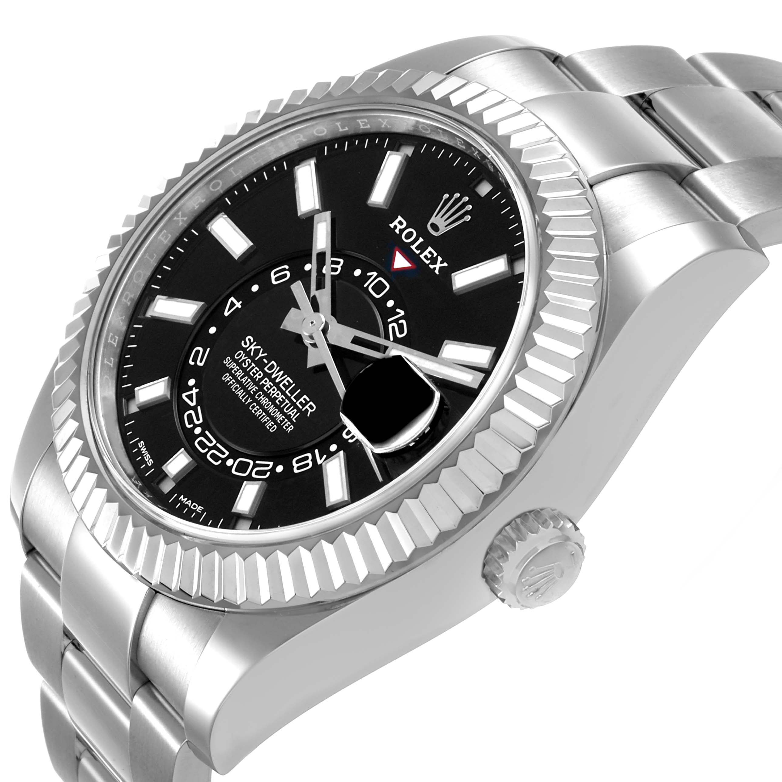 The Rolex Sky-Dweller 326934 Men's Stainless Steel Black Dial watch is shown at a tilted angle, displaying the face, bezel, crown, and part of the bracelet.