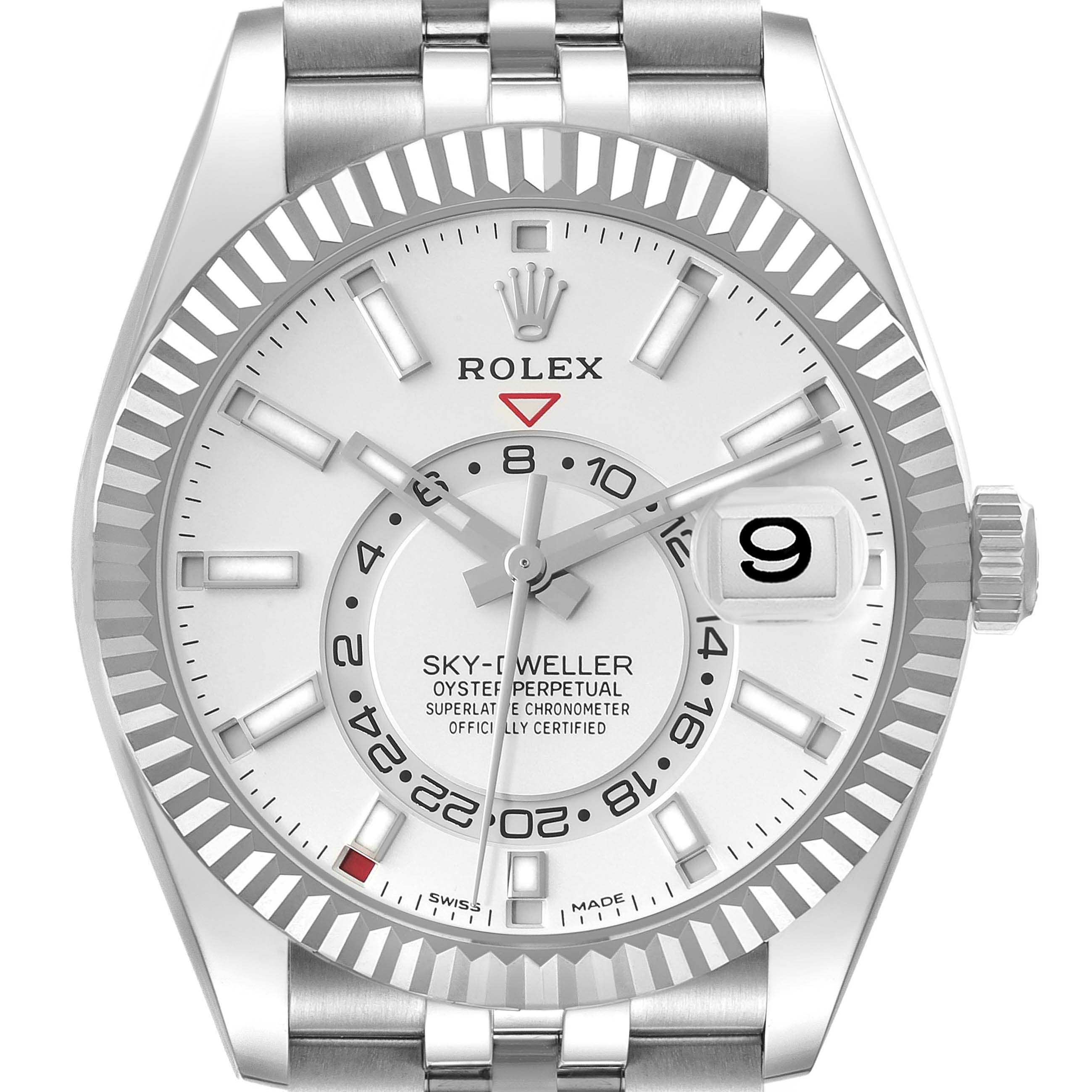 This image shows the front view of a Rolex Sky-Dweller 326934 Men's Stainless Steel White Dial 326934 Men's Stainless Steel White Dial watch, highlighting its dial, bezel, hands, and bracelet.